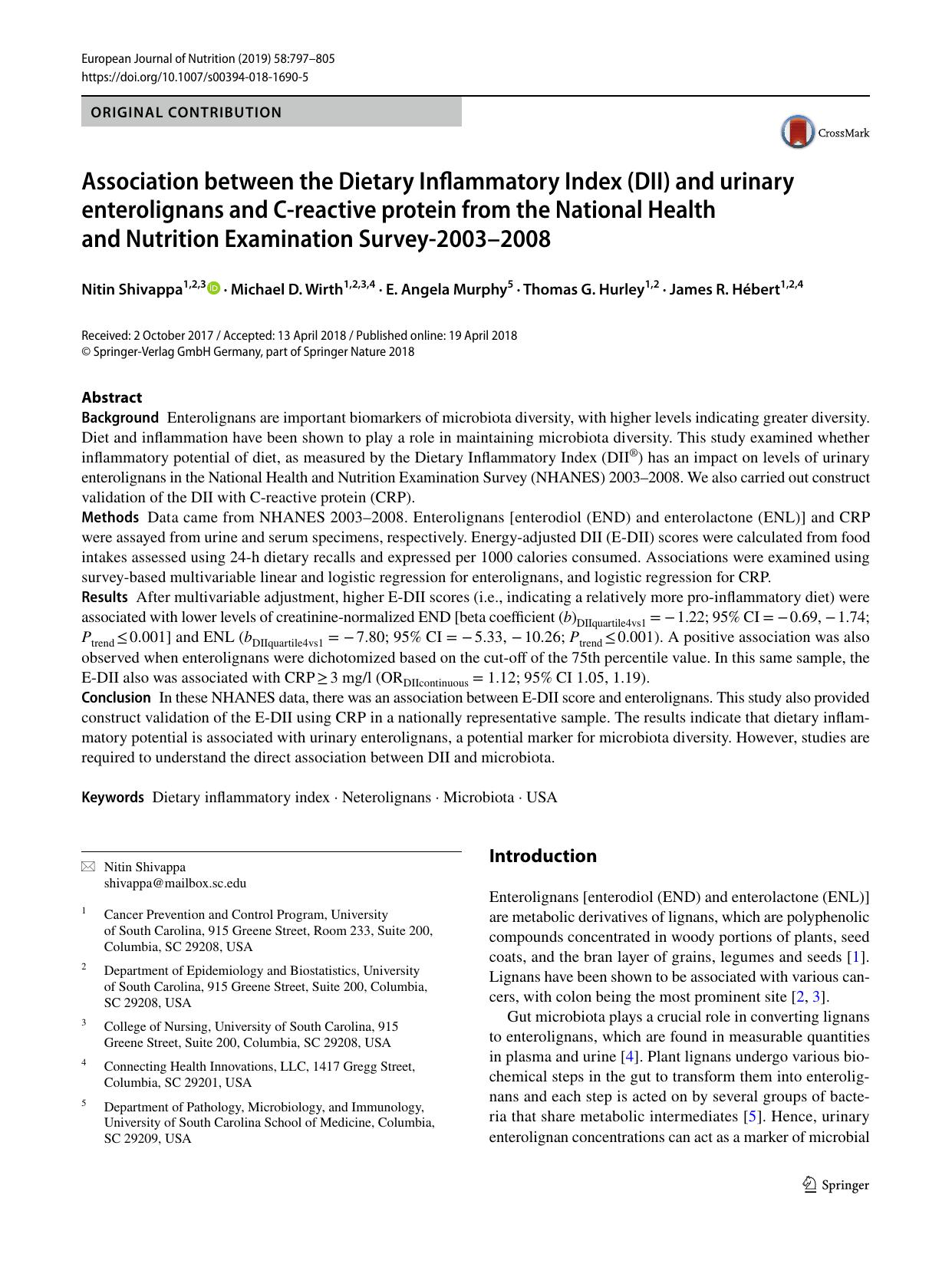Association between the Dietary Inflammatory Index (DII) and urinary enterolignans and C-reactive protein from the National Health and Nutrition Examination Survey-2003â2008 by Nitin Shivappa