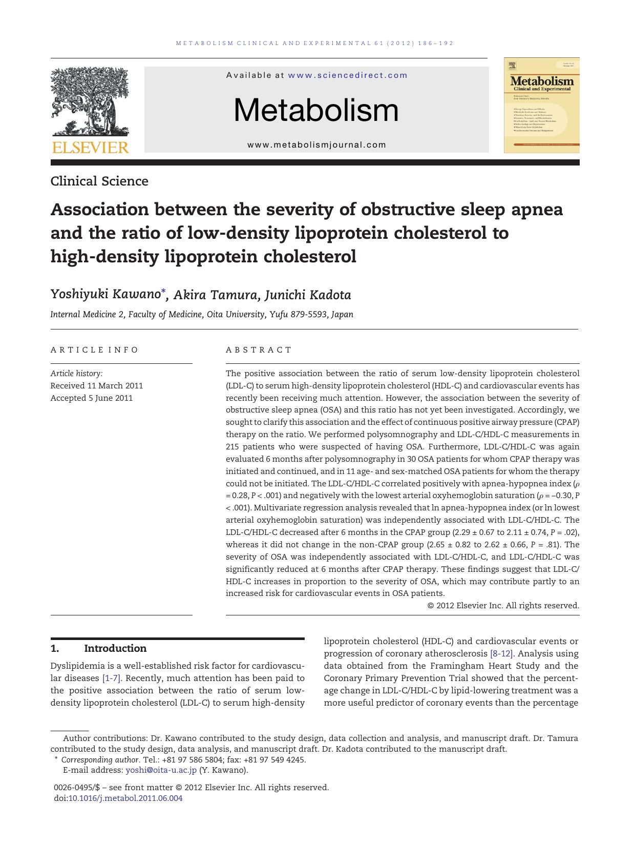 Association between the severity of obstructive sleep apnea and the ratio of low-density lipoprotein cholesterol to high-density lipoprotein cholesterol by Yoshiyuki Kawano & Akira Tamura & Junichi Kadota
