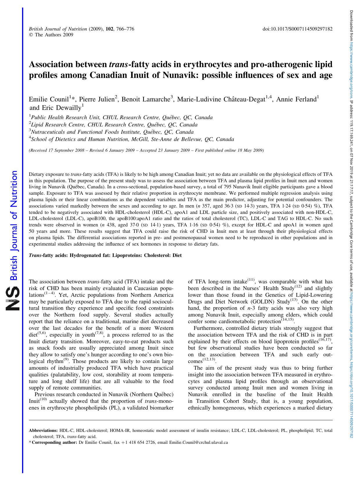 Association between trans-fatty acids in erythrocytes and pro-atherogenic lipid profiles among Canadian Inuit of Nunavik: possible influences of sex and age by unknow