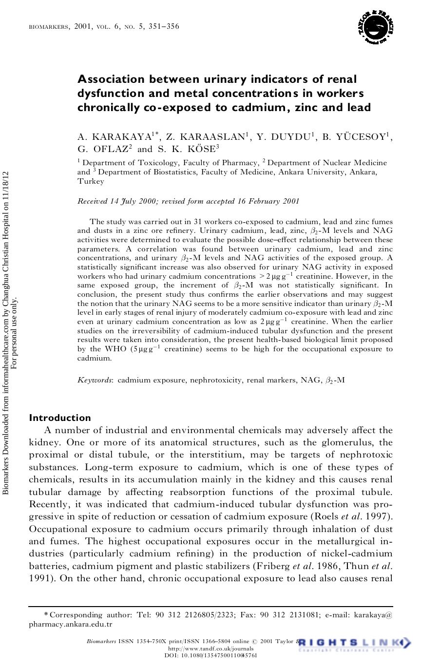 Association between urinary indicators of renal dysfunction and metal concentrations in workers chronically co-exposed to cadmium, zinc and lead by A. Karakaya Z. Karaaslan Y. Duydu B. Yücesoy G. Oflaz S. K. Köse