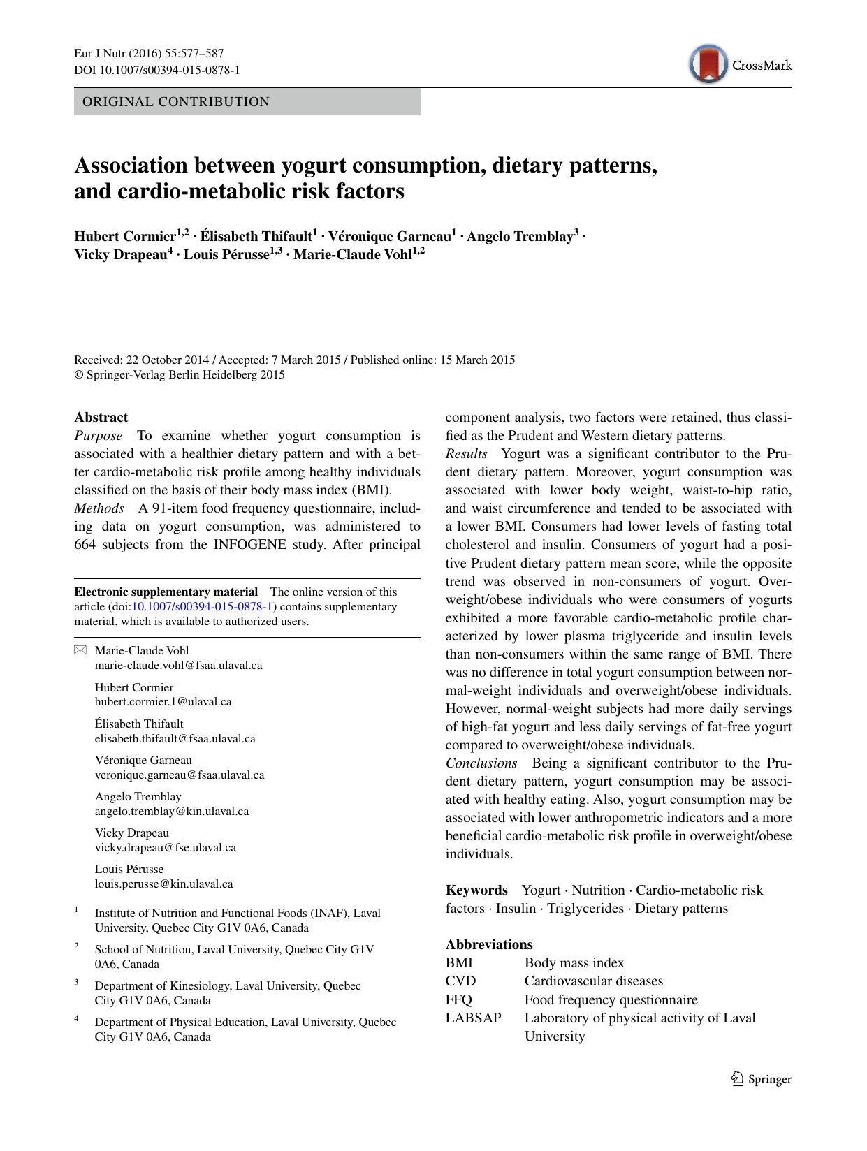 Association between yogurt consumption, dietary patterns, and cardio-metabolic risk factors by unknow