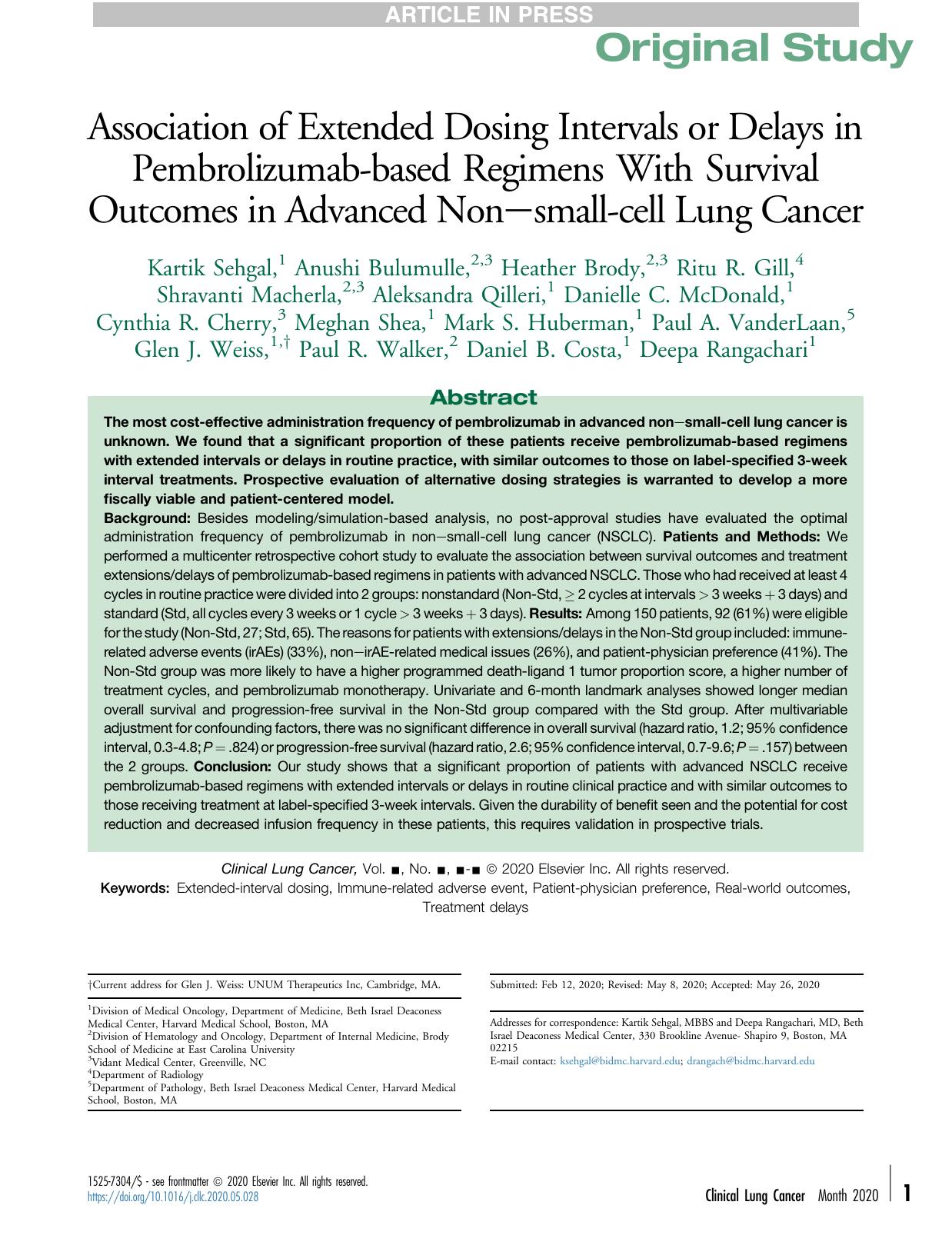 Association of Extended Dosing Intervals or Delays in Pembrolizumab-based Regimens With Survival Outcomes in Advanced Non-small-cell Lung Cancer by unknow