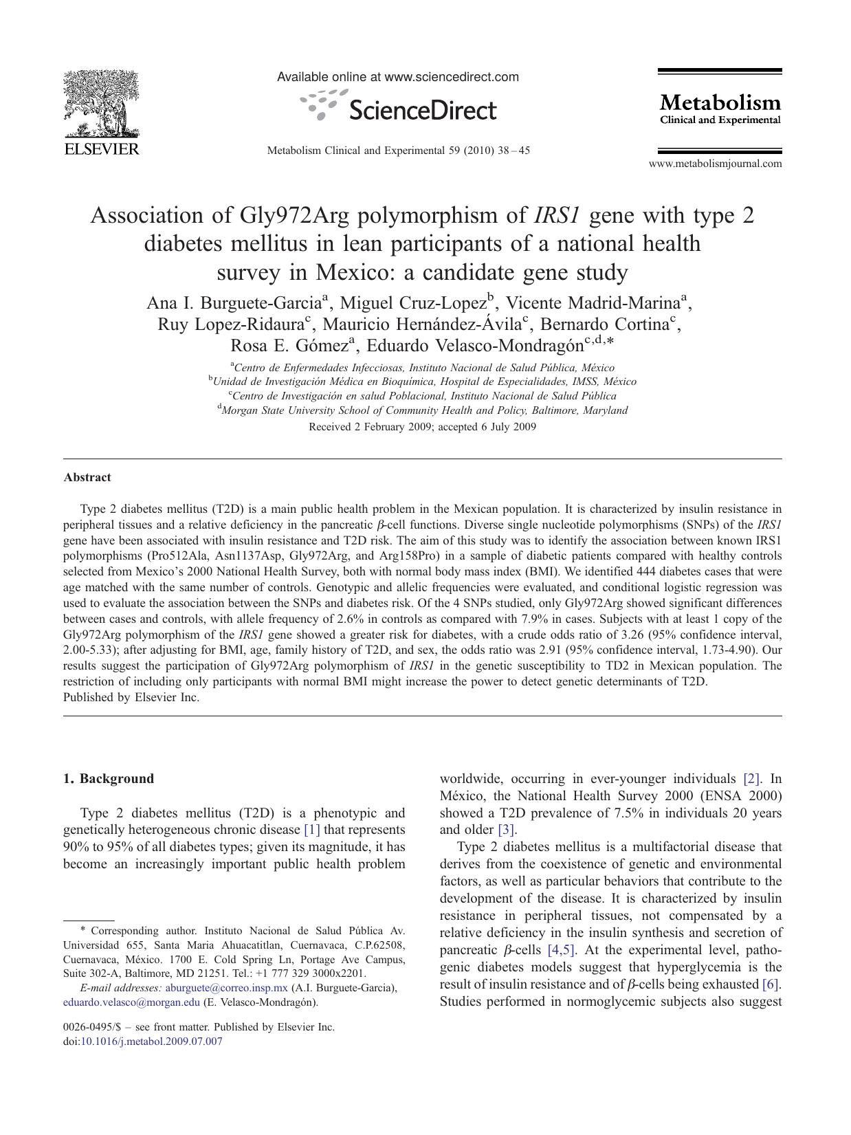 Association of Gly972Arg polymorphism of IRS1 gene with type 2 diabetes mellitus in lean participants of a national health survey in Mexico: a candidate gene study by unknow