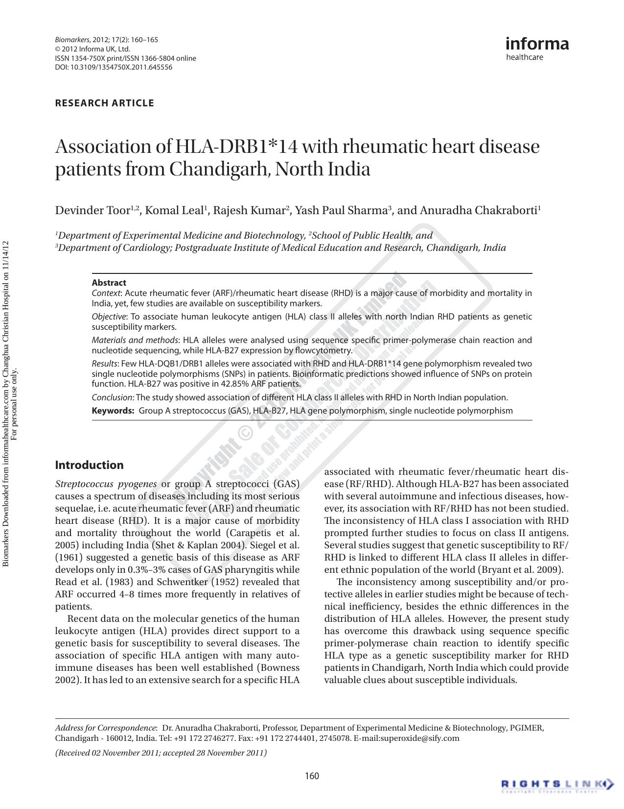 Association of HLA-DRB1*14 with rheumatic heart disease patients from Chandigarh, North India by Devinder Toor Komal Leal Rajesh Kumar Yash Paul Sharma & Anuradha Chakraborti
