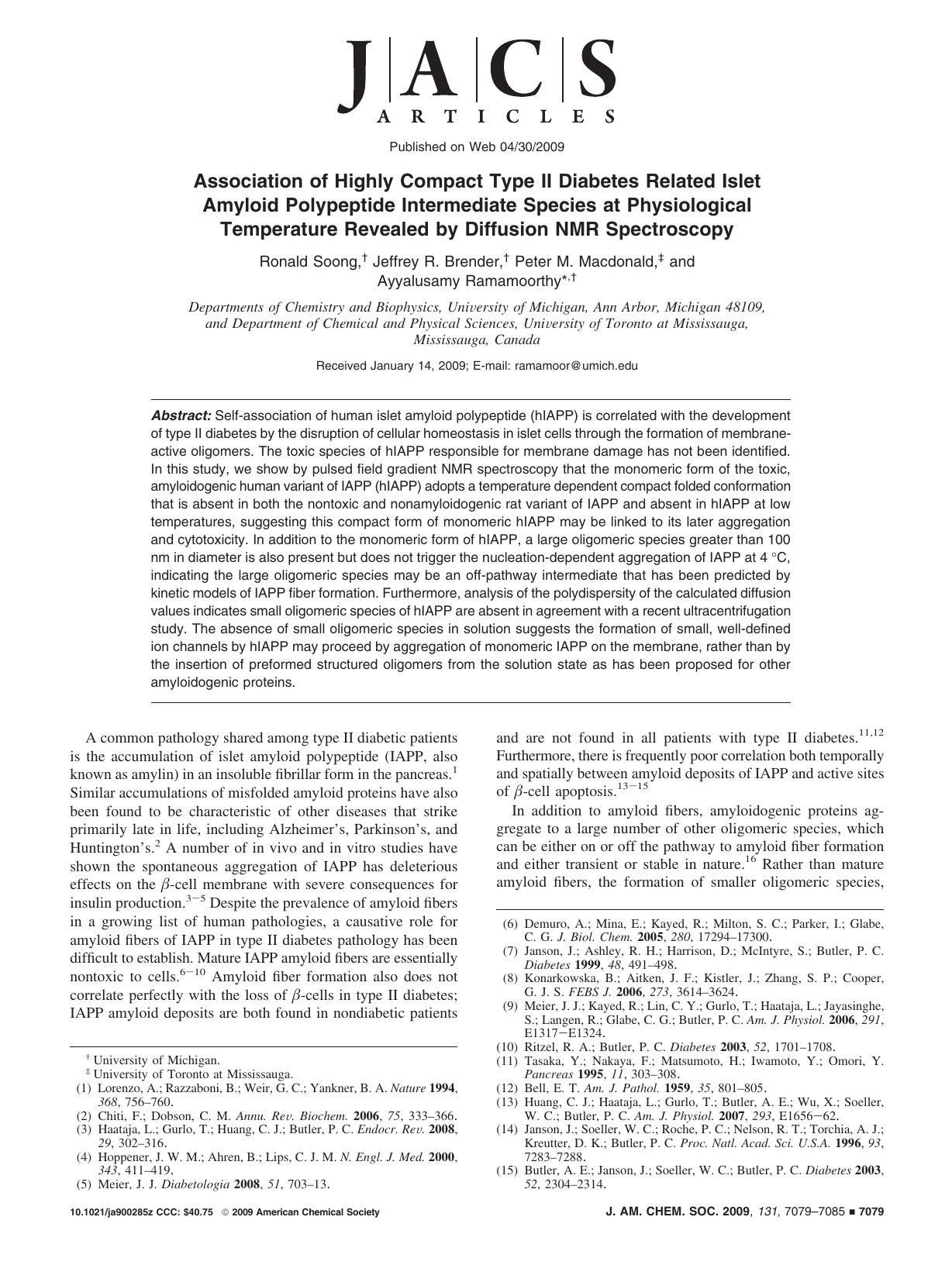 Association of Highly Compact Type II Diabetes Related Islet Amyloid Polypeptide Intermediate Species at Physiological Temperature Revealed by Diffusion NMR Spectroscopy by unknow