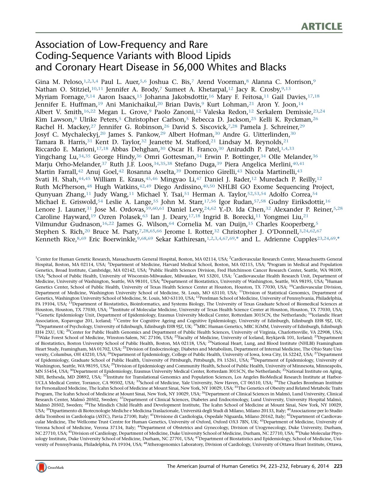 Association of Low-Frequency and Rare Coding-Sequence Variants with Blood Lipids and Coronary Heart Disease in 56,000 Whites and Blacks by unknow