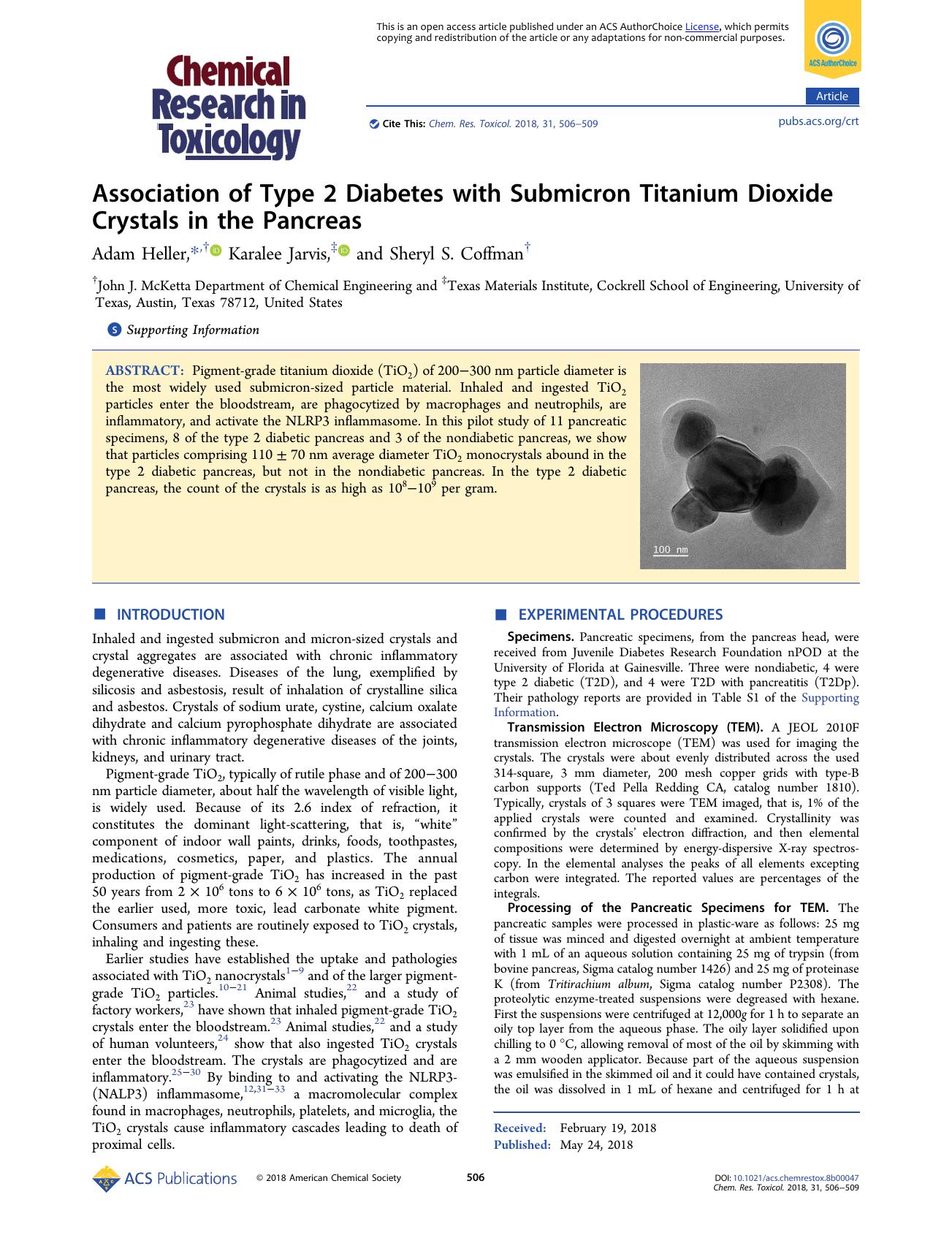 Association of Type 2 Diabetes with Submicron Titanium Dioxide Crystals in the Pancreas by Adam Heller Karalee Jarvis and Sheryl S. Coffman