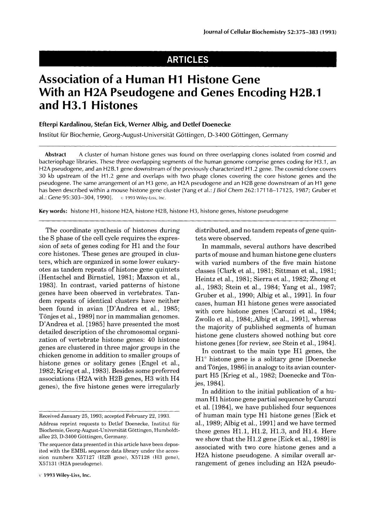 Association of a human H1 histone gene with an H2A pseudogene and genes encoding H2B.1 and H3.1 histones by Unknown