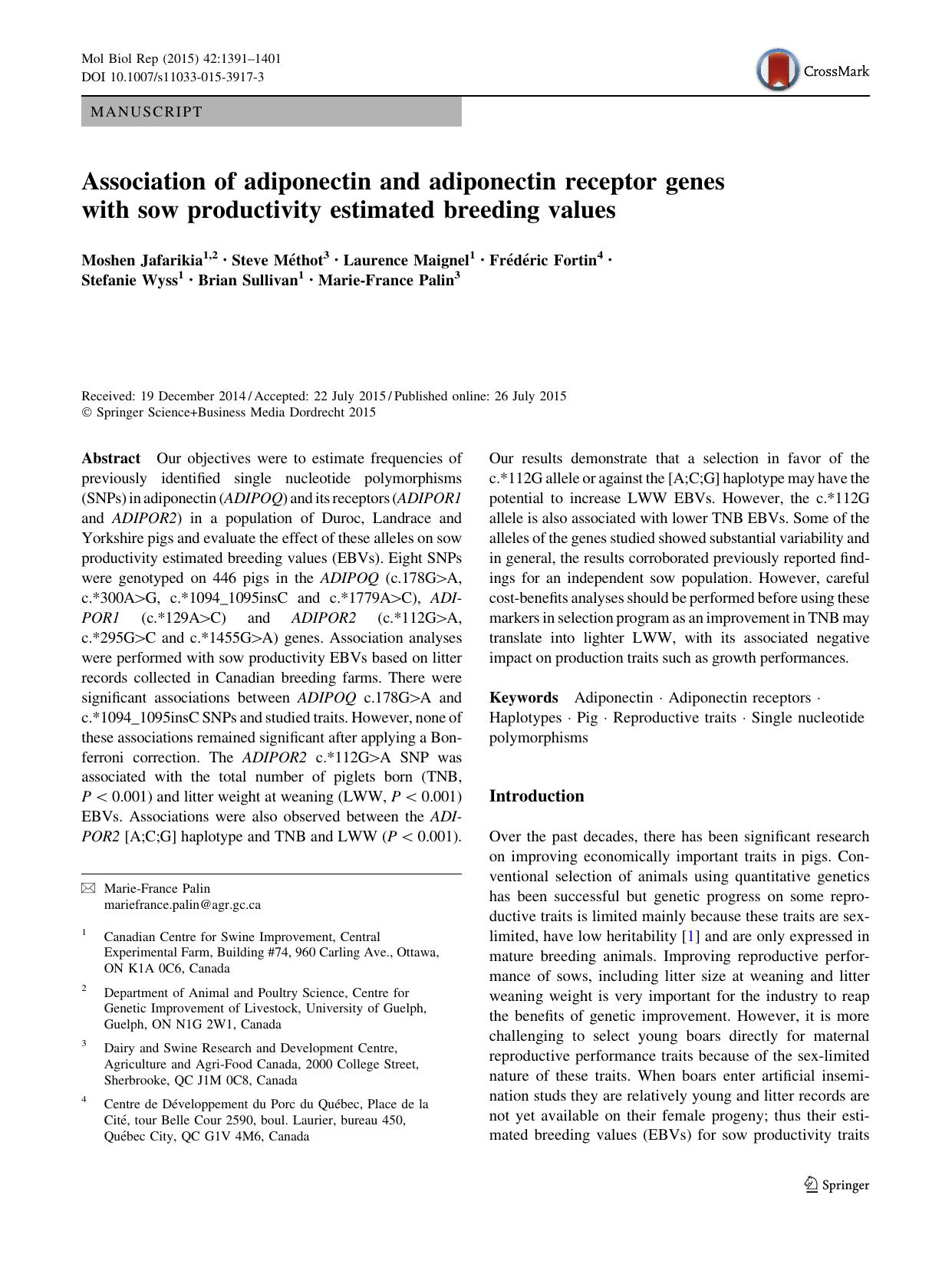 Association of adiponectin and adiponectin receptor genes with sow productivity estimated breeding values by unknow