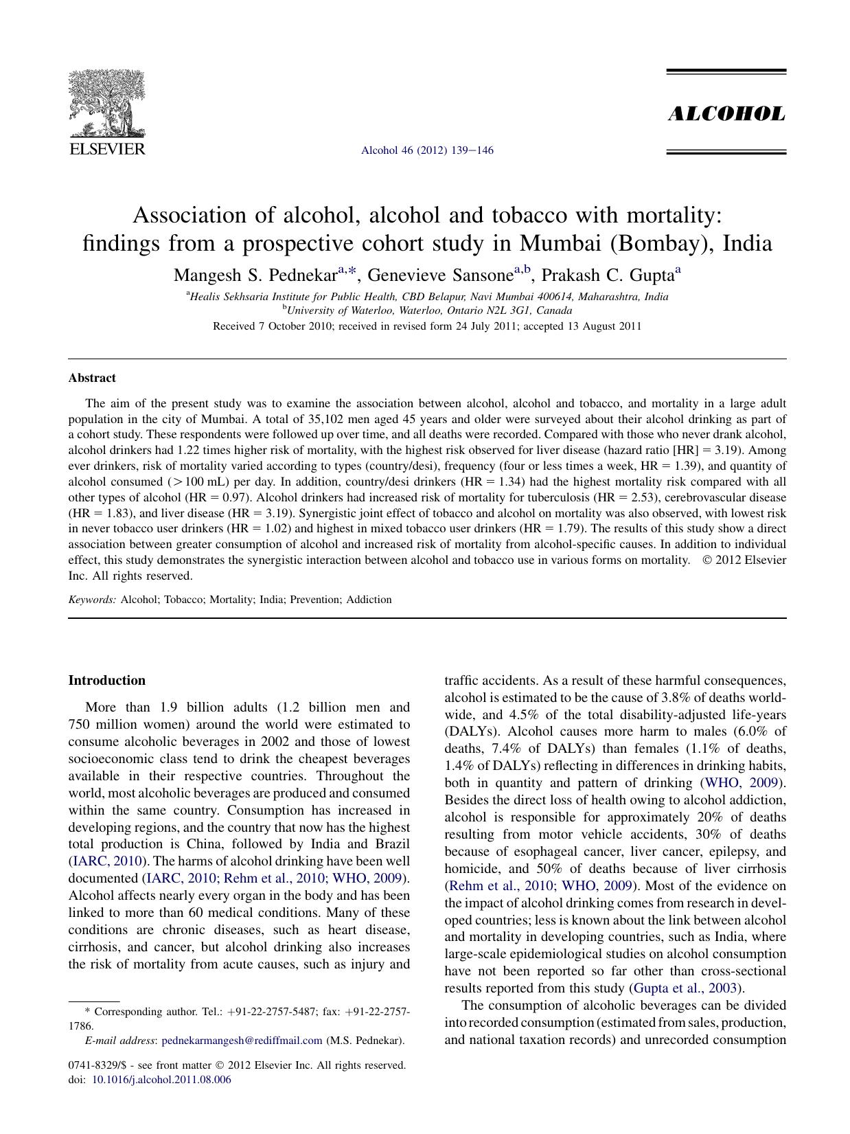 Association of alcohol, alcohol and tobacco with mortality: findings from a prospective cohort study in Mumbai (Bombay), India by Mangesh S. Pednekar & Genevieve Sansone & Prakash C. Gupta