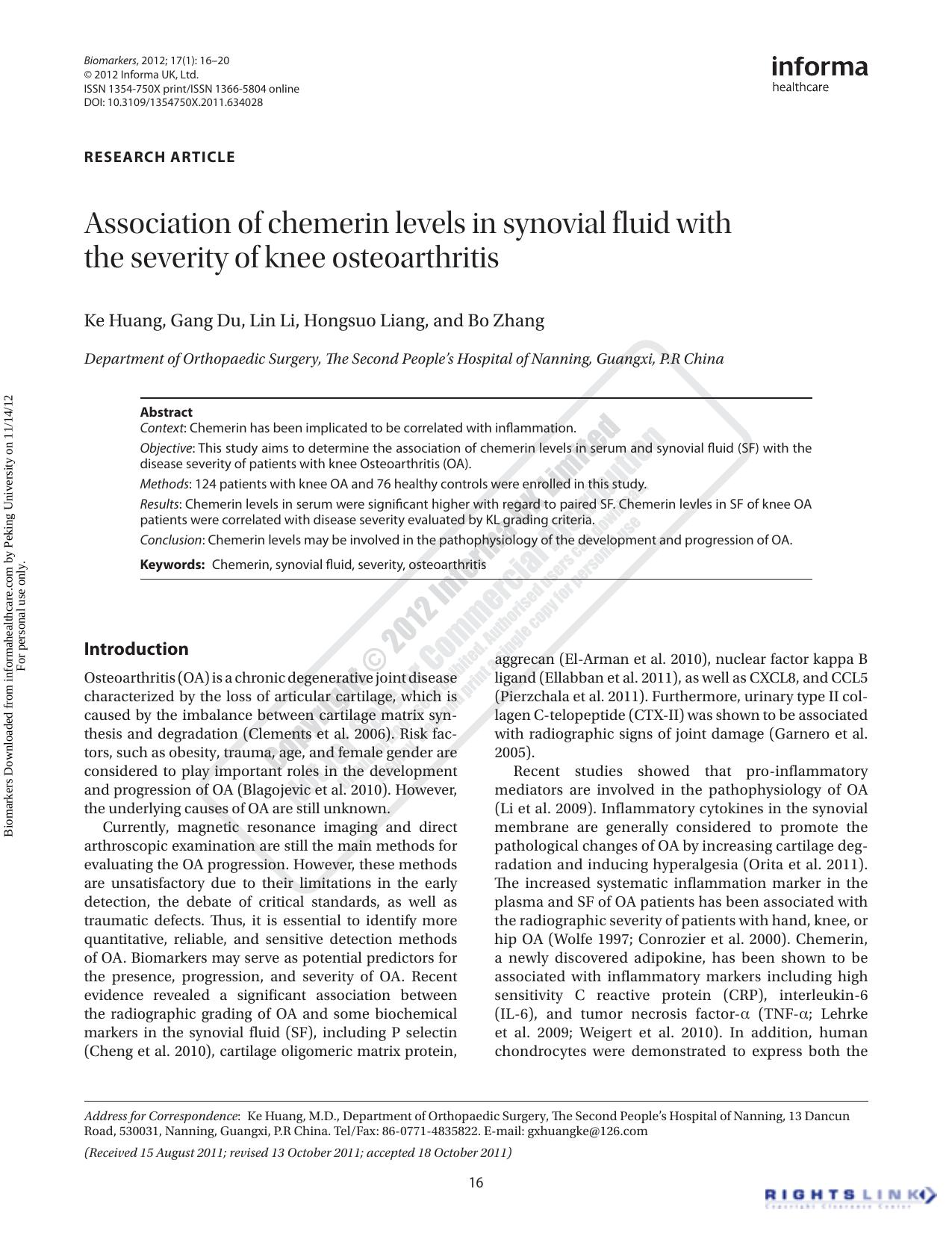 Association of chemerin levels in synovial fluid with the severity of knee osteoarthritis by Ke Huang Gang Du Lin Li Hongsuo Liang & Bo Zhang