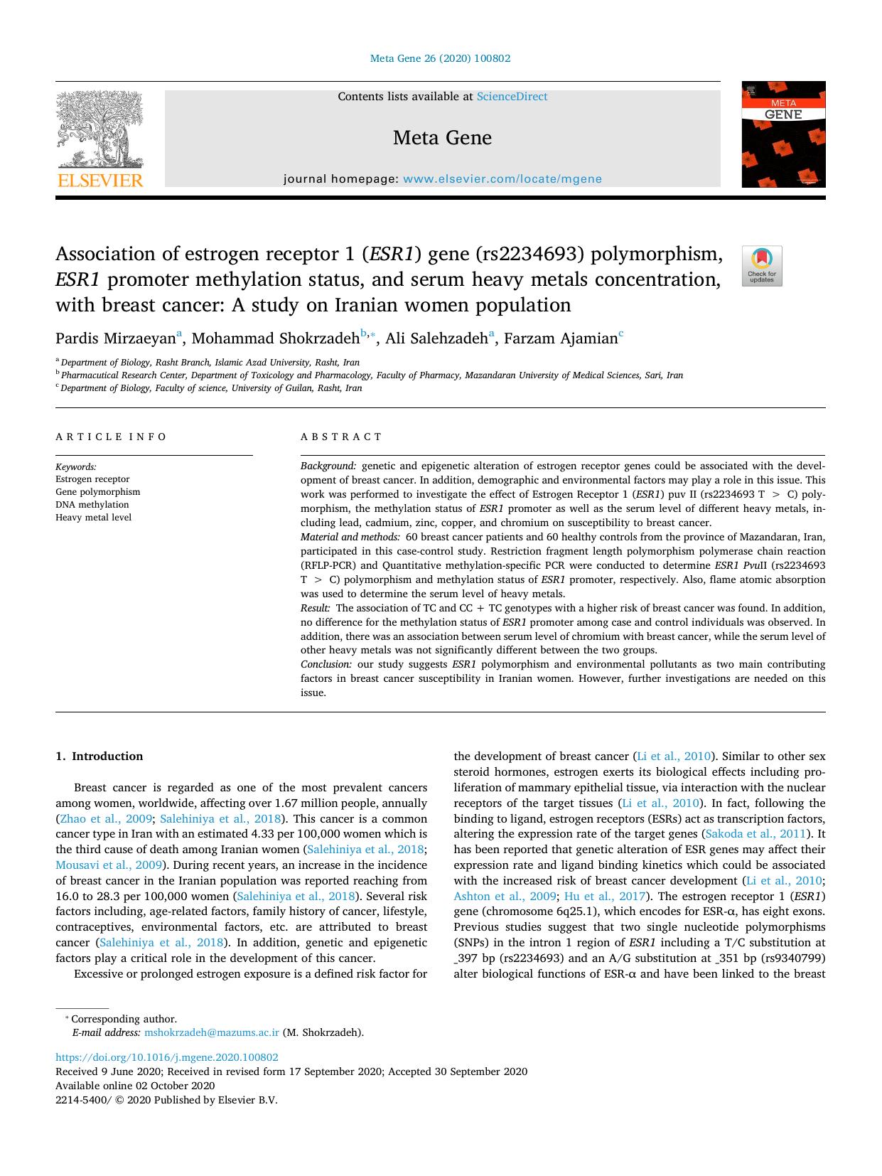 Association of estrogen receptor 1 (ESR1) gene (rs2234693) polymorphism, ESR1 promoter methylation status, and serum heavy metals concentration, with breast cancer_ A study on Iranian women population by Pardis Mirzaeyan & Mohammad Shokrzadeh & Ali Salehzadeh & Farzam Ajamian