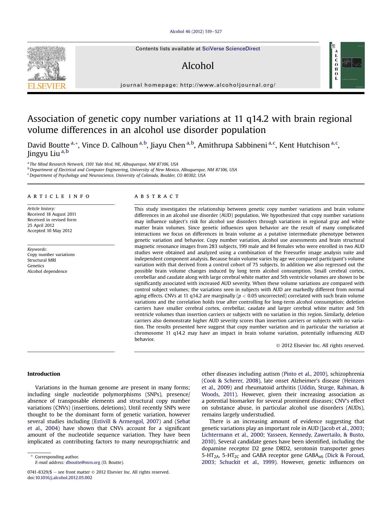 Association of genetic copy number variations at 11 q14.2 with brain regional volume differences in an alcohol use disorder population by unknow