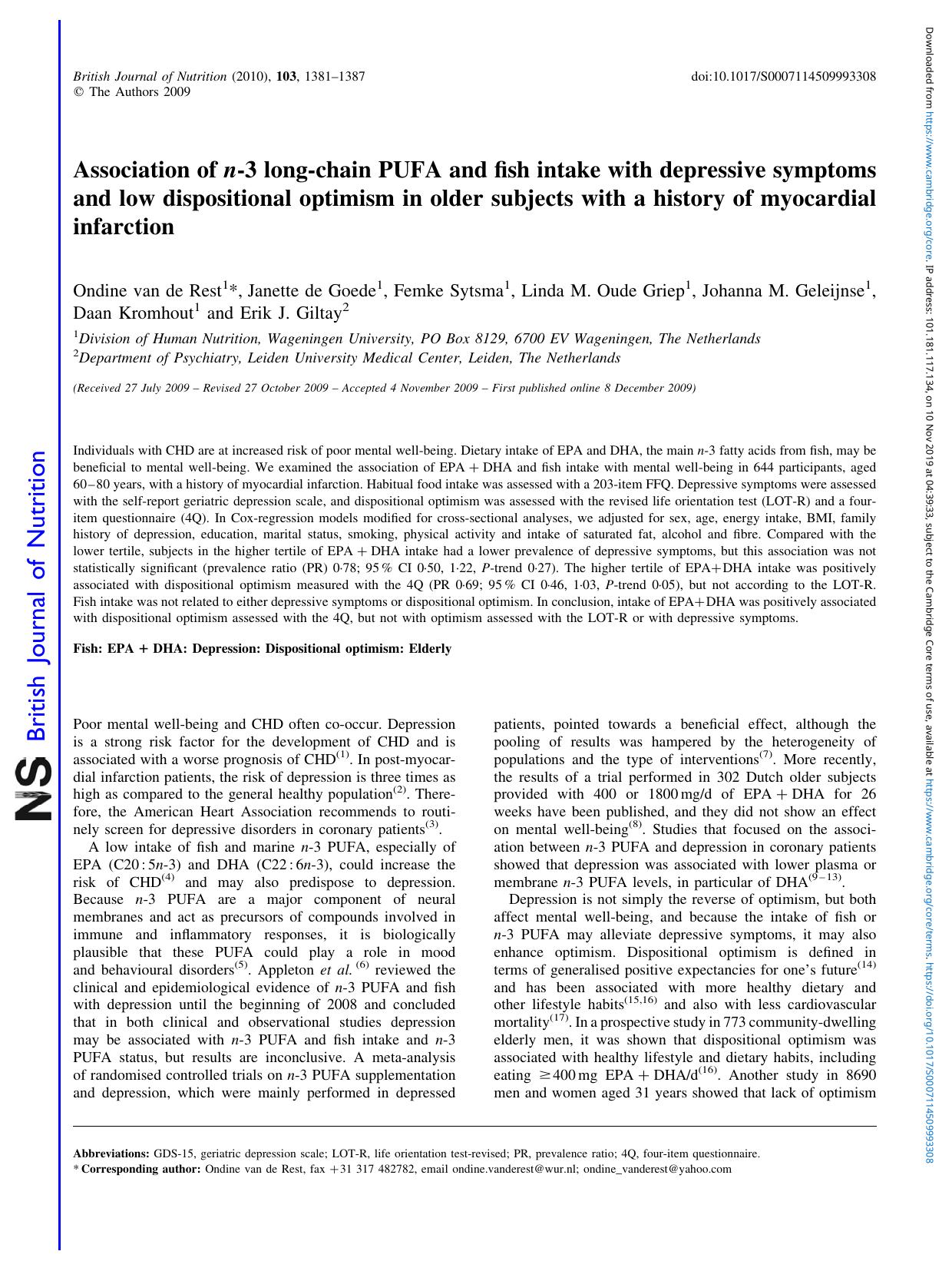 Association of n-3 long-chain PUFA and fish intake with depressive symptoms and low dispositional optimism in older subjects with a history of myocardial infarction by unknow