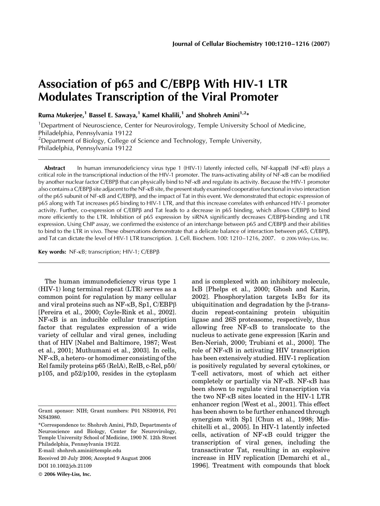 Association of p65 and CEBP[beta] with HIV-1 LTR modulates transcription of the viral promoter by Unknown