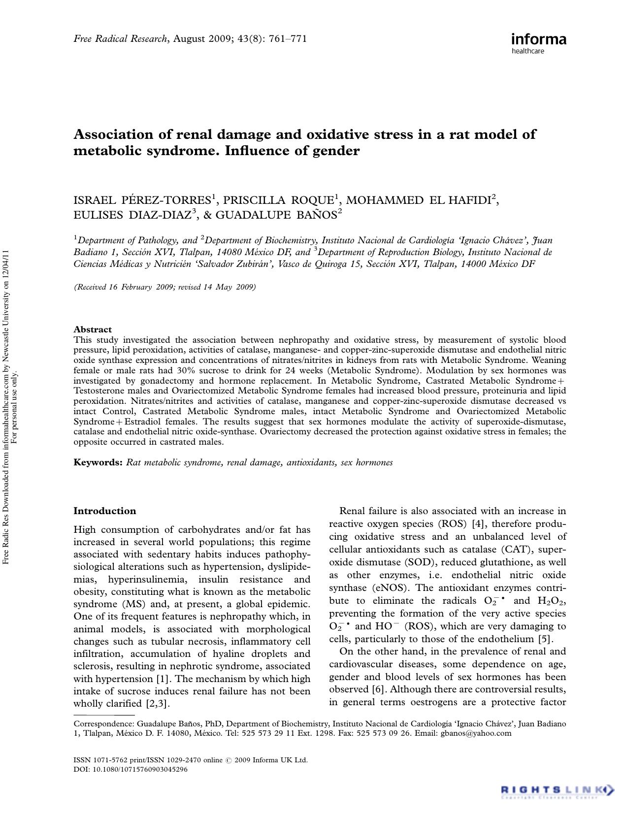 Association of renal damage and oxidative stress in a rat model of metabolic syndrome. Influence of gender by unknow