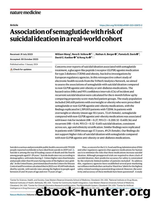 Association of semaglutide with risk of suicidal ideation in a real-world cohort by William Wang & Nora D. Volkow & Nathan A. Berger & Pamela B. Davis & David C. Kaelber & Rong Xu