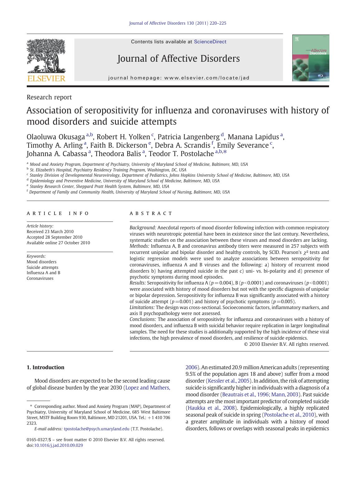 Association of seropositivity for influenza and coronaviruses with history of mood disorders and suicide attempts by unknow