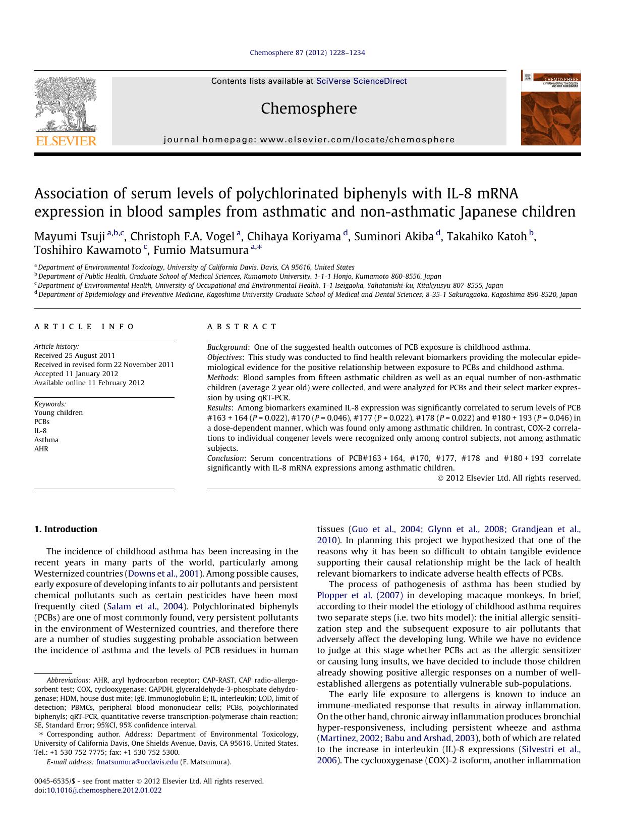 Association of serum levels of polychlorinated biphenyls with IL-8 mRNA expression in blood samples from asthmatic and non-asthmatic Japanese children by unknow
