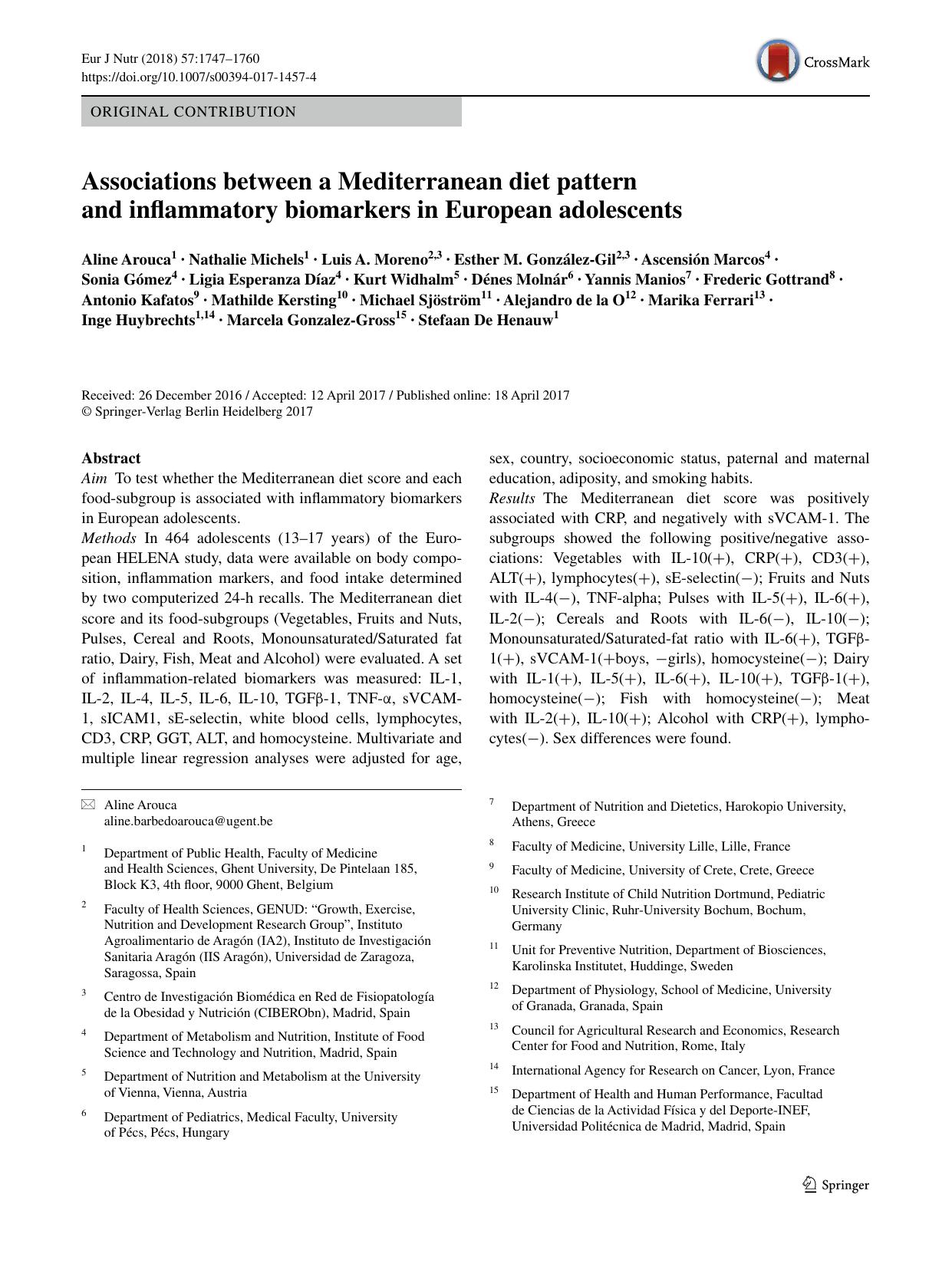 Associations between a Mediterranean diet pattern and inflammatory biomarkers in European adolescents by unknow