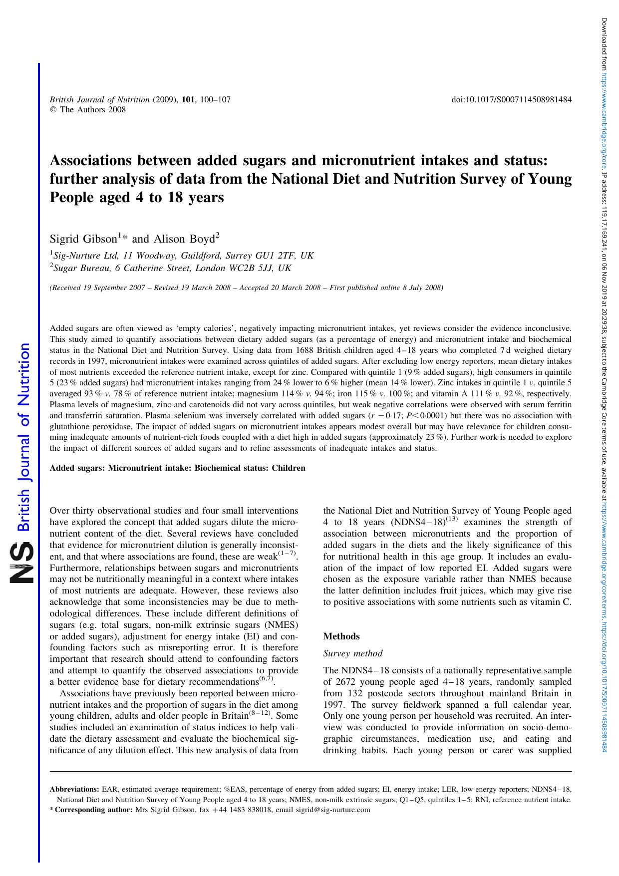Associations between added sugars and micronutrient intakes and status: further analysis of data from the National Diet and Nutrition Survey of Young People aged 4 to 18 years by Sigrid Gibson Alison Boyd