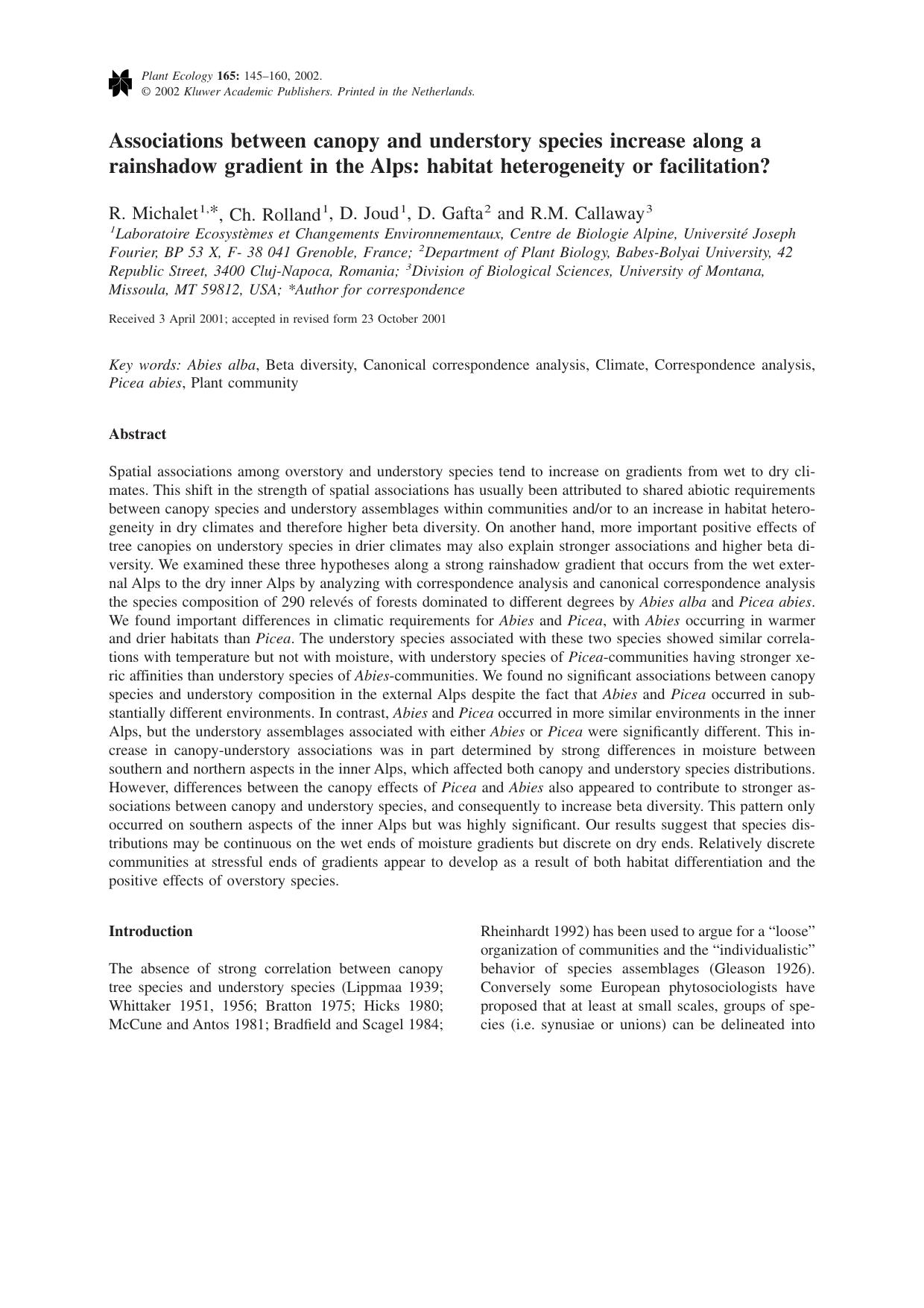 Associations between canopy and understory species increase along a rainshadow gradient in the Alps: habitat heterogeneity or facilitation? by Unknown