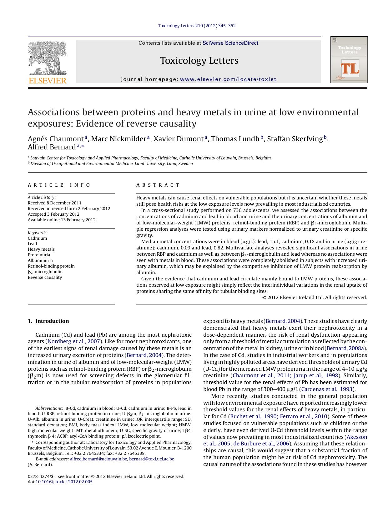 Associations between proteins and heavy metals in urine at low environmental exposures: Evidence of reverse causality by Agnès Chaumont