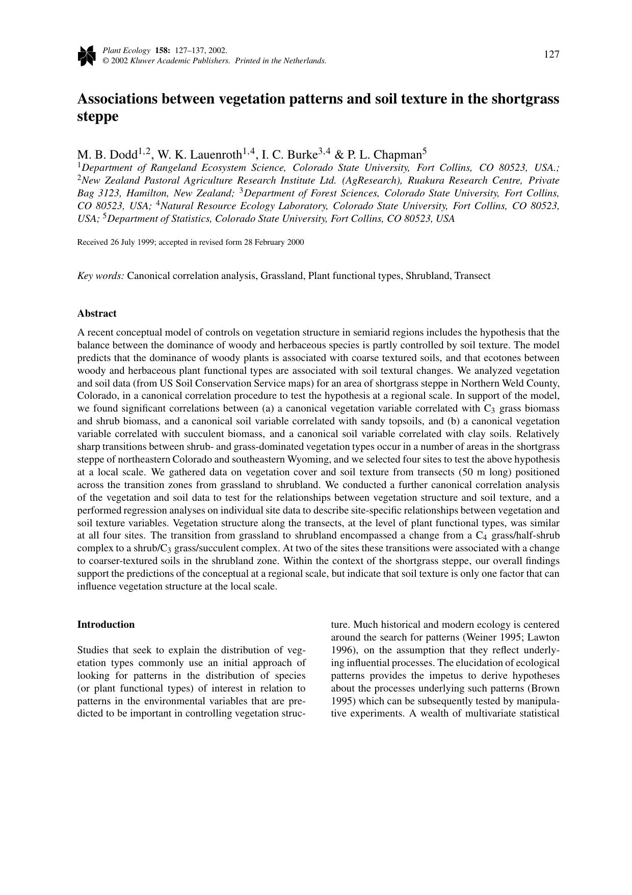 Associations between vegetation patterns and soil texture in the shortgrass steppe by Unknown