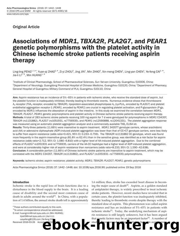 Associations of MDR1, TBXA2R, PLA2G7, and PEAR1 genetic polymorphisms with the platelet activity in Chinese ischemic stroke patients receiving aspirin therapy by unknow