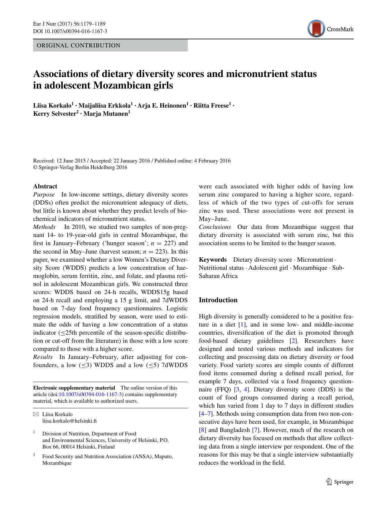 Associations of dietary diversity scores and micronutrient status in adolescent Mozambican girls by unknow