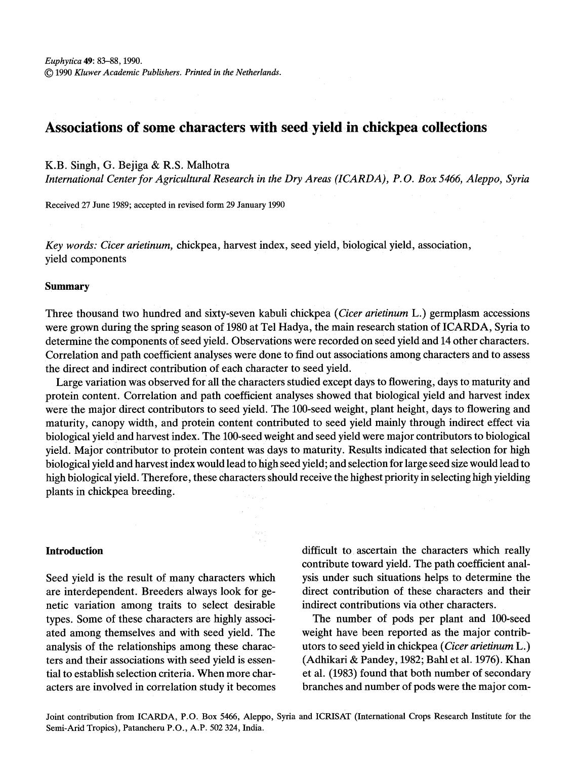 Associations of some characters with seed yield in chickpea collections by Unknown