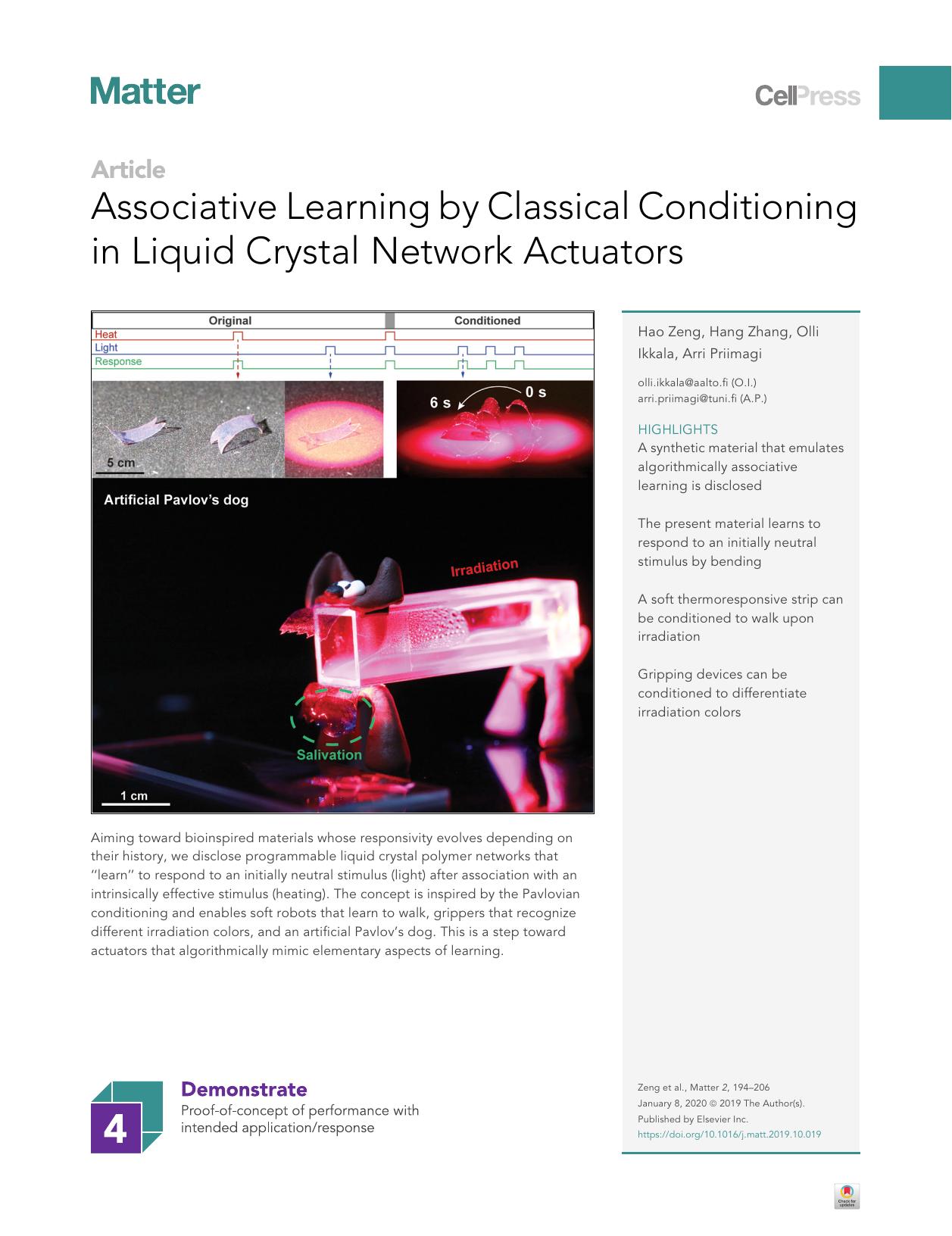 Associative Learning by Classical Conditioning in Liquid Crystal Network Actuators by Hao Zeng & Hang Zhang & Olli Ikkala & Arri Priimagi
