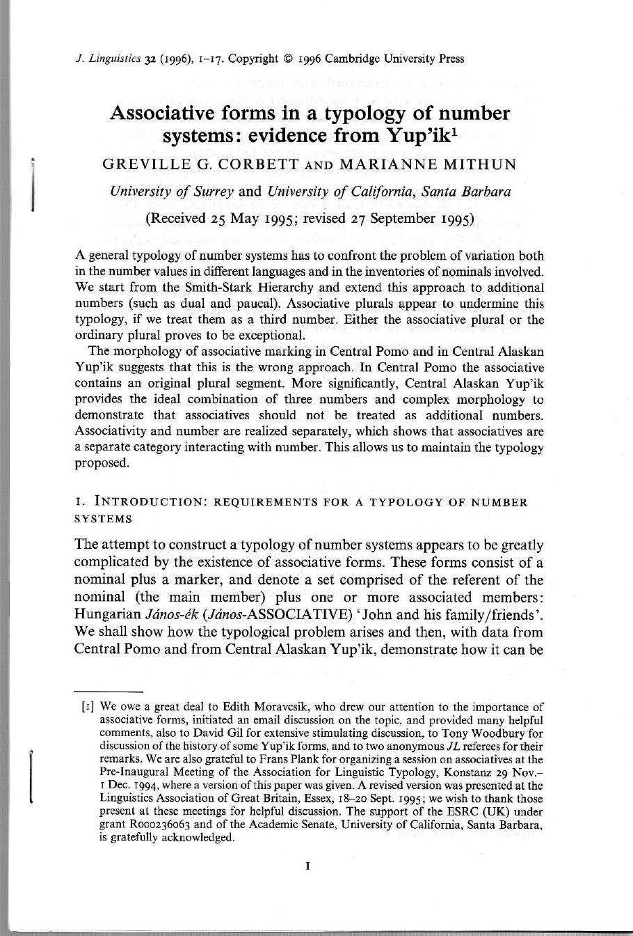 Associative forms in a typology of number systems: evidence from Yup'ik by GREVILLE G. CORBETT MARIANNE MITHUN