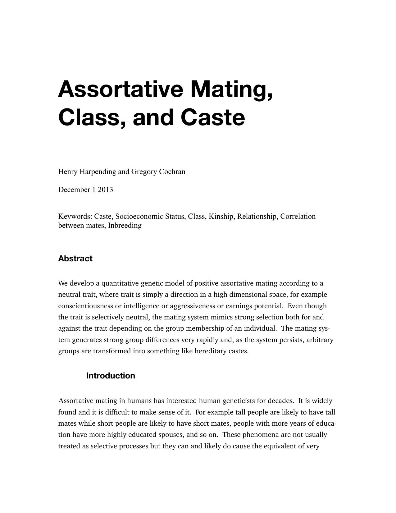 Assortative Mating, Class, and Caste [Rough Draft] (2013) by Henry Cosad Harpending & Gregory M. Cochran by Unknown