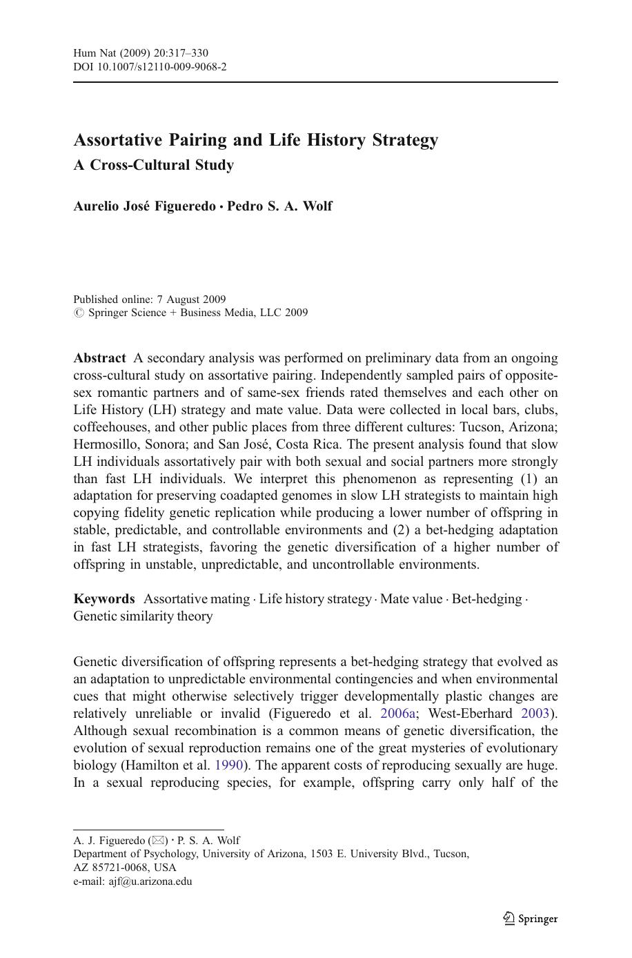 Assortative Pairing and Life History Strategy by A Cross-Cultural Study (2009) by Aurelio José Figueredo & Pedro S. A. Wolf