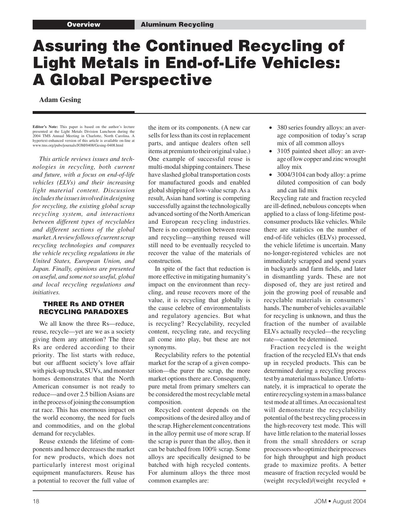 Assuring the Continued Recycling of Light Metals in End-of-Life Vehicles: A Global Perspective by Adam Gesing