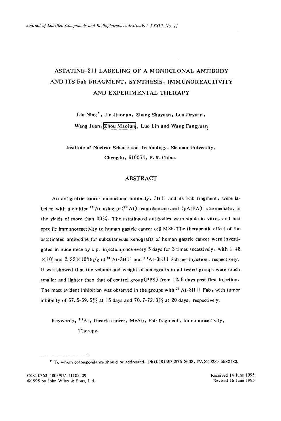 Astatine-211 labeling of a monoclonal antibody and its Fab fragment synthesis, immunoreactivity and experimental therapy by Unknown