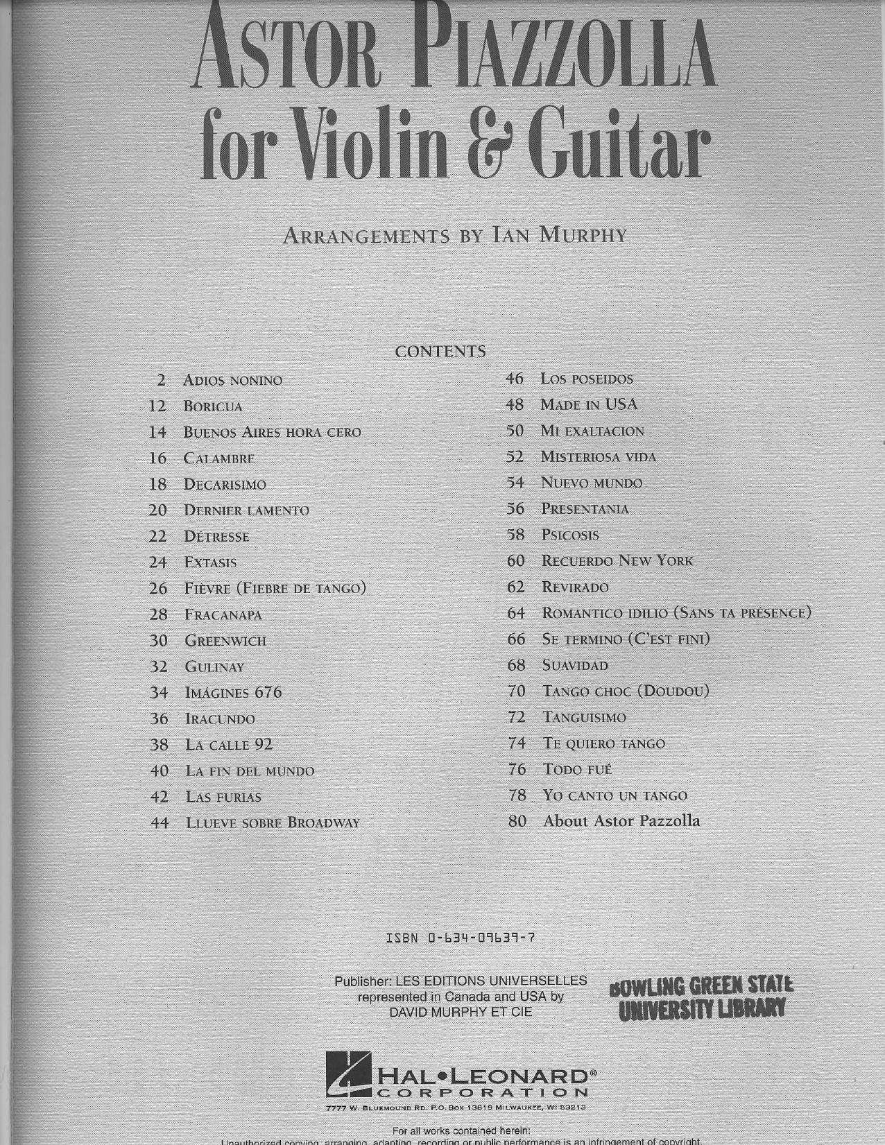 Astor Piazzolla for Violin and Guitar, arr Ian Murphy by Unknown