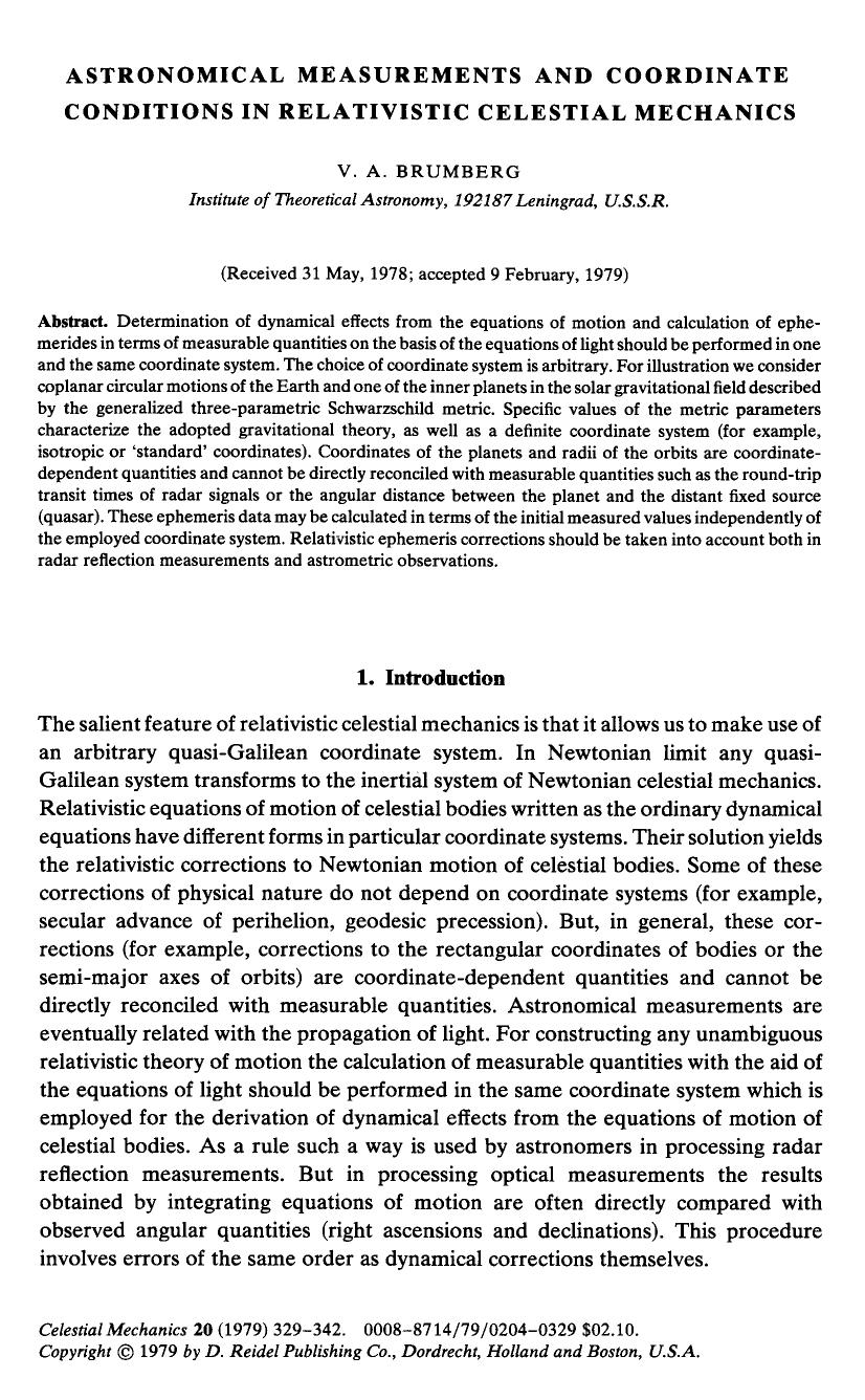 Astronomical measurements and coordinate conditions in relativistic celestial mechanics by Unknown