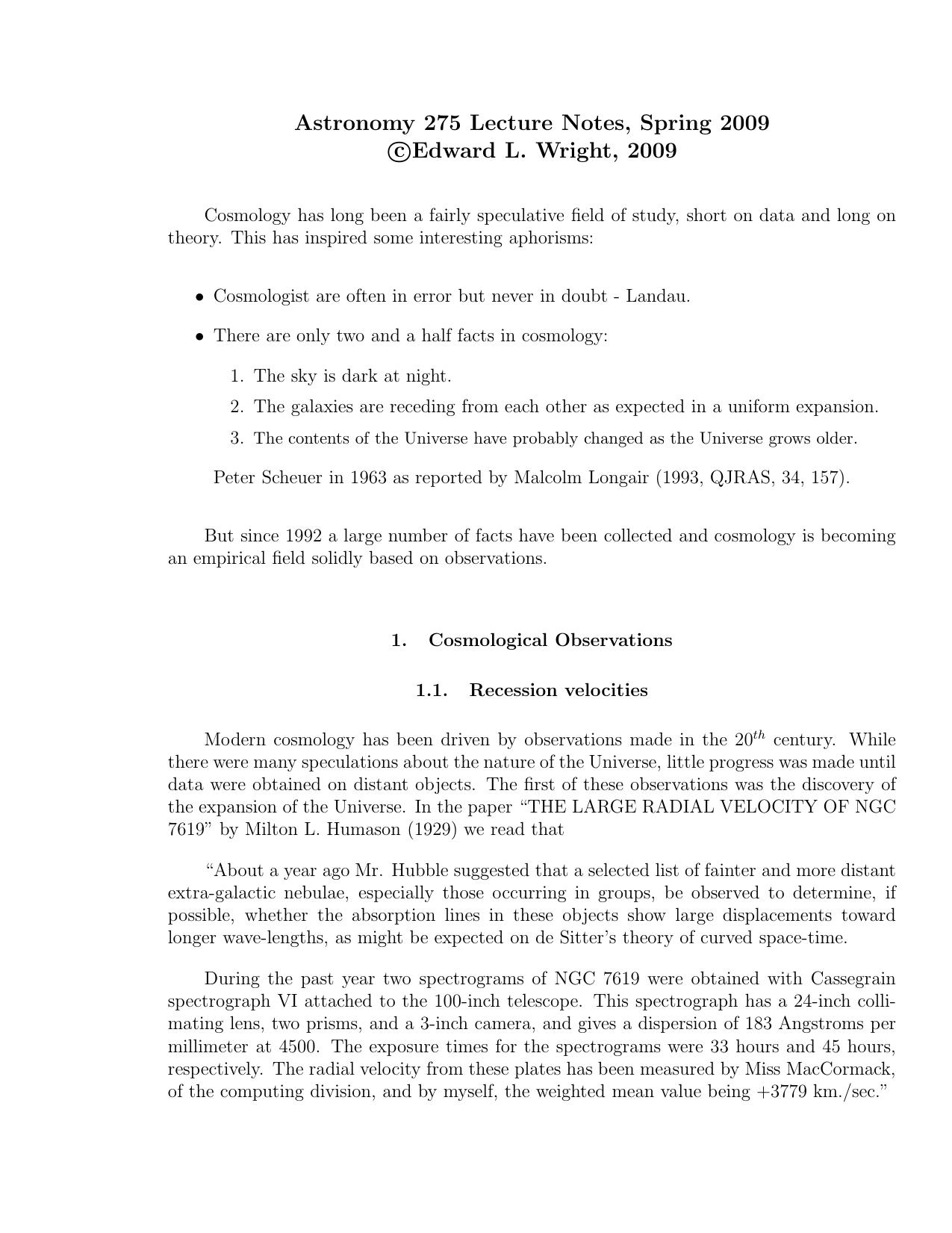 Astronomy 275 Lecture Notes, Spring 2009 by Edward L. Wright Phd UCLA