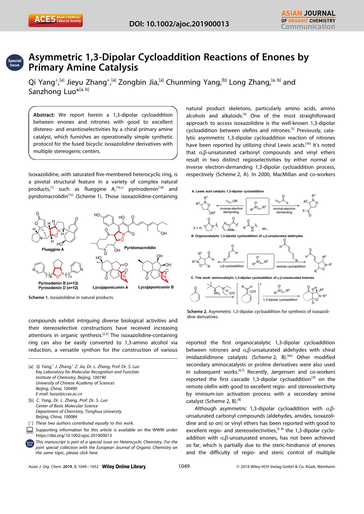 Asymmetric 1,3âDipolar Cycloaddition Reactions of Enones by Primary Amine Catalysis by Unknown