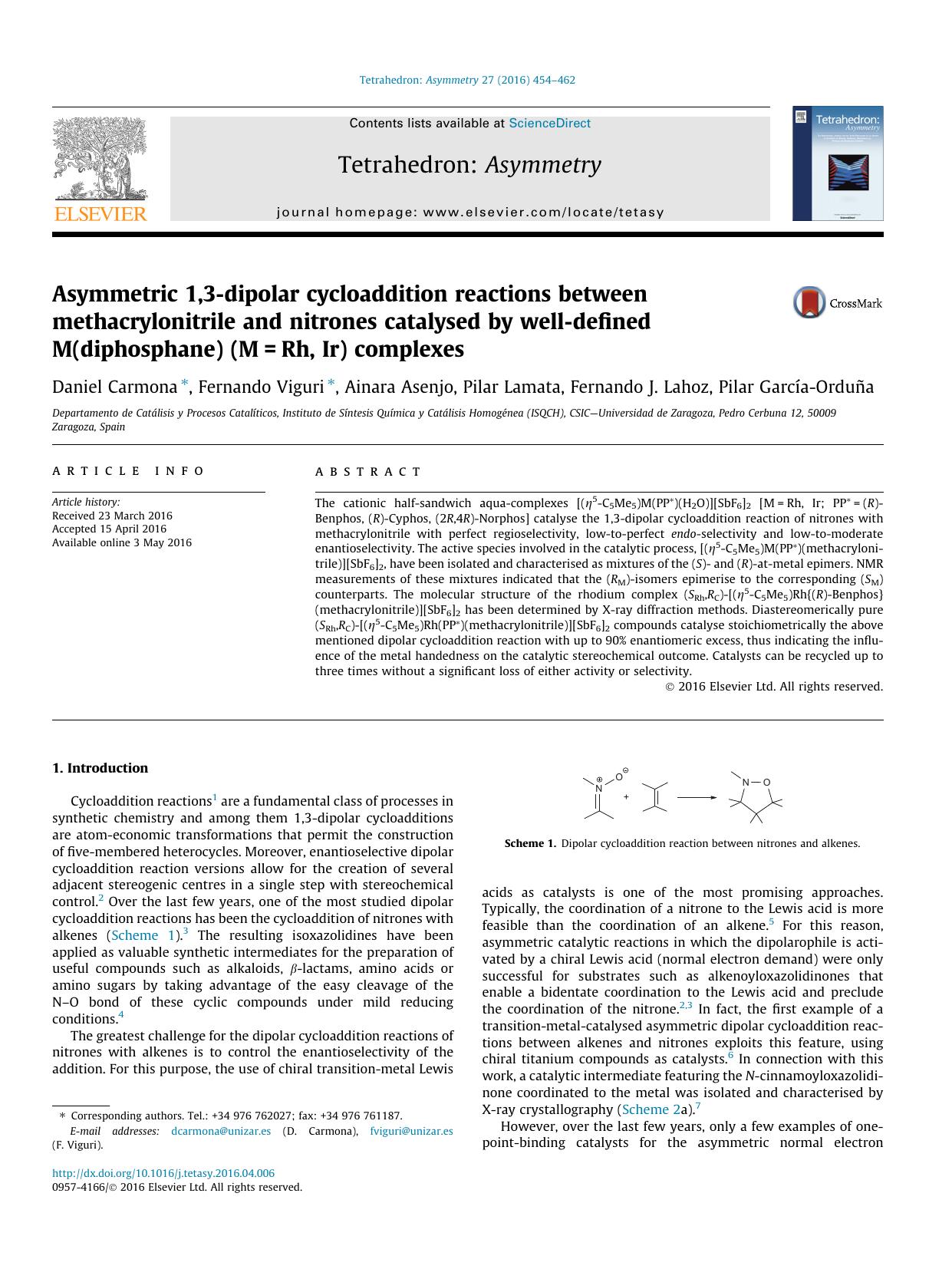 Asymmetric 1,3-dipolar cycloaddition reactions between methacrylonitrile and nitrones catalysed by well-defined M(diphosphane) (M=Rh, Ir) complexes by unknow