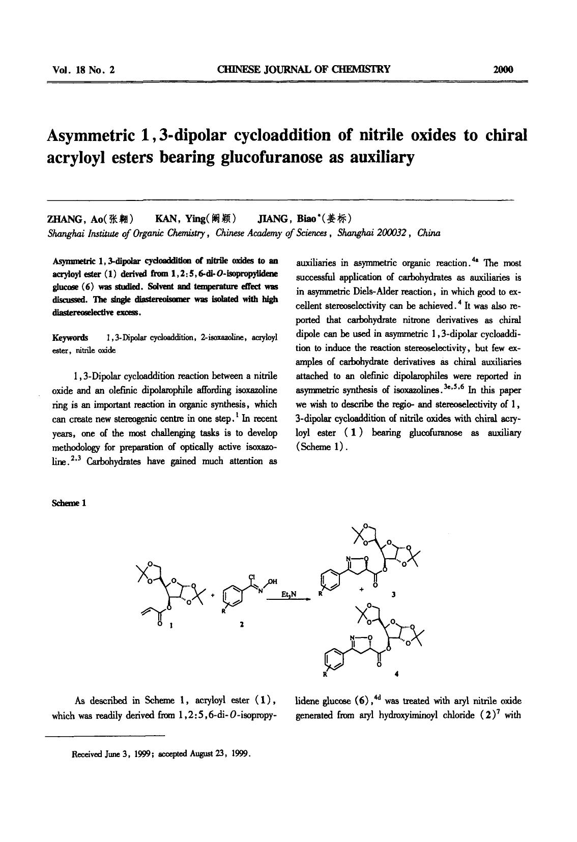 Asymmetric 1,3dipolar cycloaddition of nitrile oxides to chiral acryloyl esters bearing glucofuranose as auxiliary by Unknown