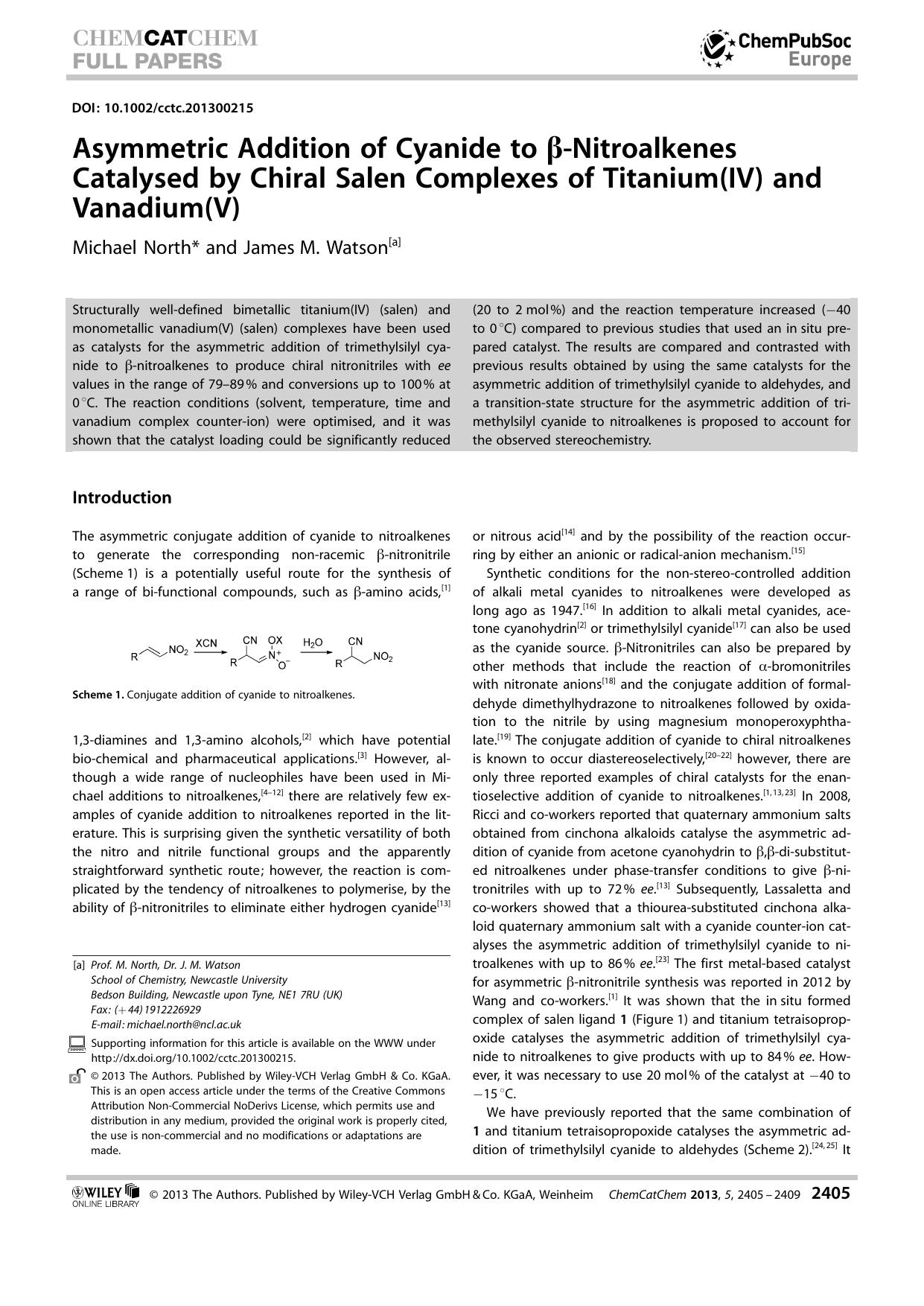 Asymmetric Addition of Cyanide to Nitroalkenes Catalysed by Chiral Salen Complexes of Titanium(IV) and Vanadium(V) by Unknown