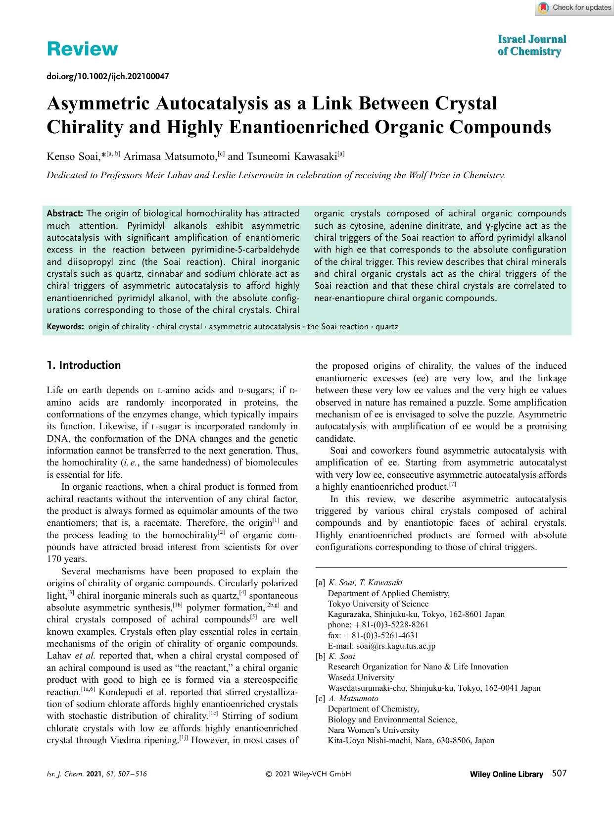 Asymmetric Autocatalysis as a Link Between Crystal Chirality and Highly Enantioenriched Organic Compounds by Unknown