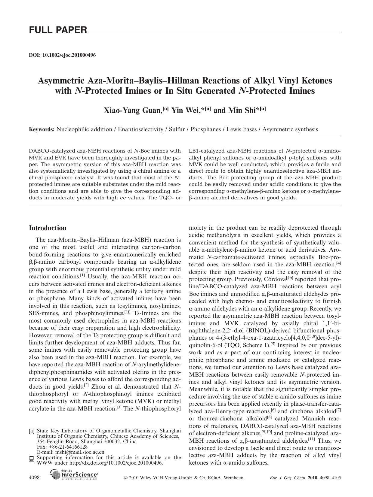Asymmetric Aza-Morita-Baylis-Hillman Reactions of Alkyl Vinyl Ketones with N-Protected Imines or In Situ Generated N-Protected Imines by Unknown