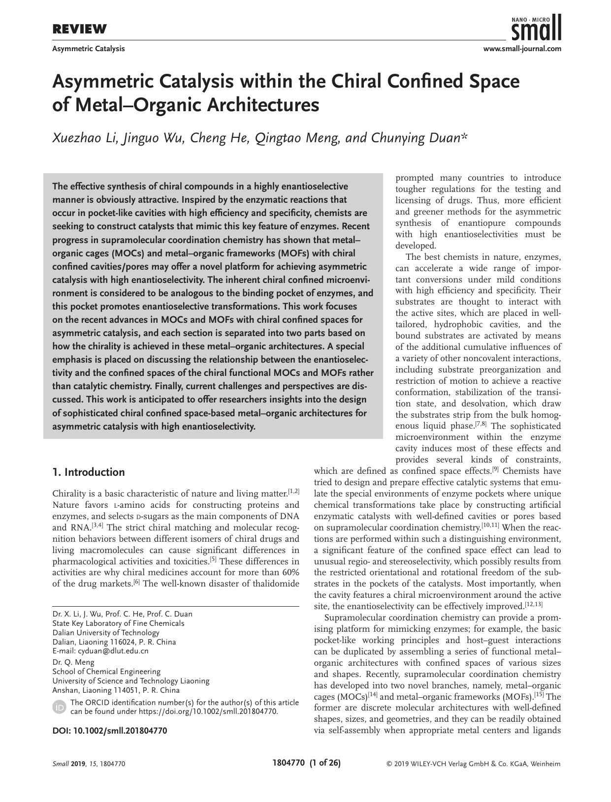 Asymmetric Catalysis within the Chiral Confined Space of Metal–Organic Architectures by Unknown