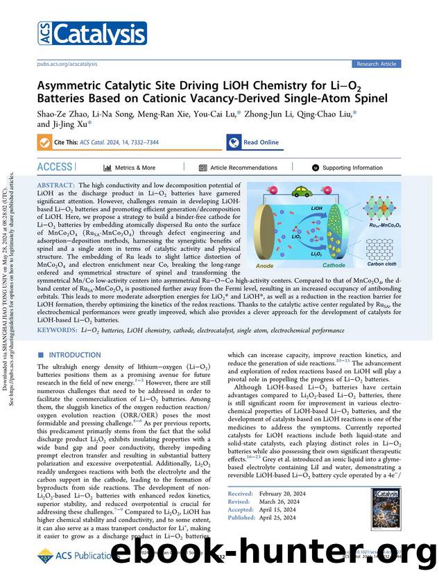 Asymmetric Catalytic Site Driving LiOH Chemistry for LiâO2 Batteries Based on Cationic Vacancy-Derived Single-Atom Spinel by Shao-Ze Zhao Li-Na Song Meng-Ran Xie You-Cai Lu Zhong-Jun Li Qing-Chao Liu & Ji-Jing Xu
