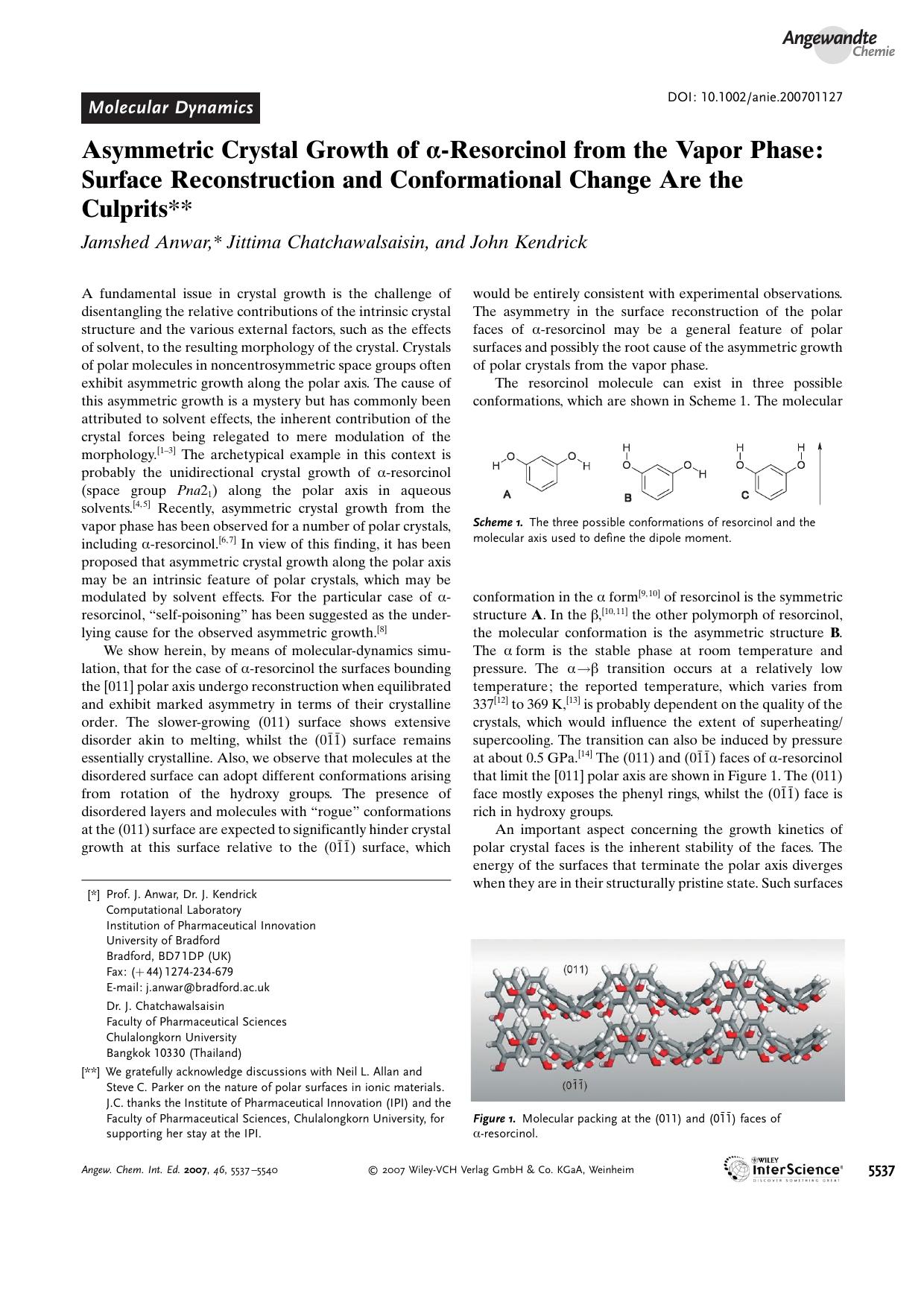Asymmetric Crystal Growth of [alpha]-Resorcinol from the Vapor Phase: Surface Reconstruction and Conformational Change Are the Culprits by Unknown