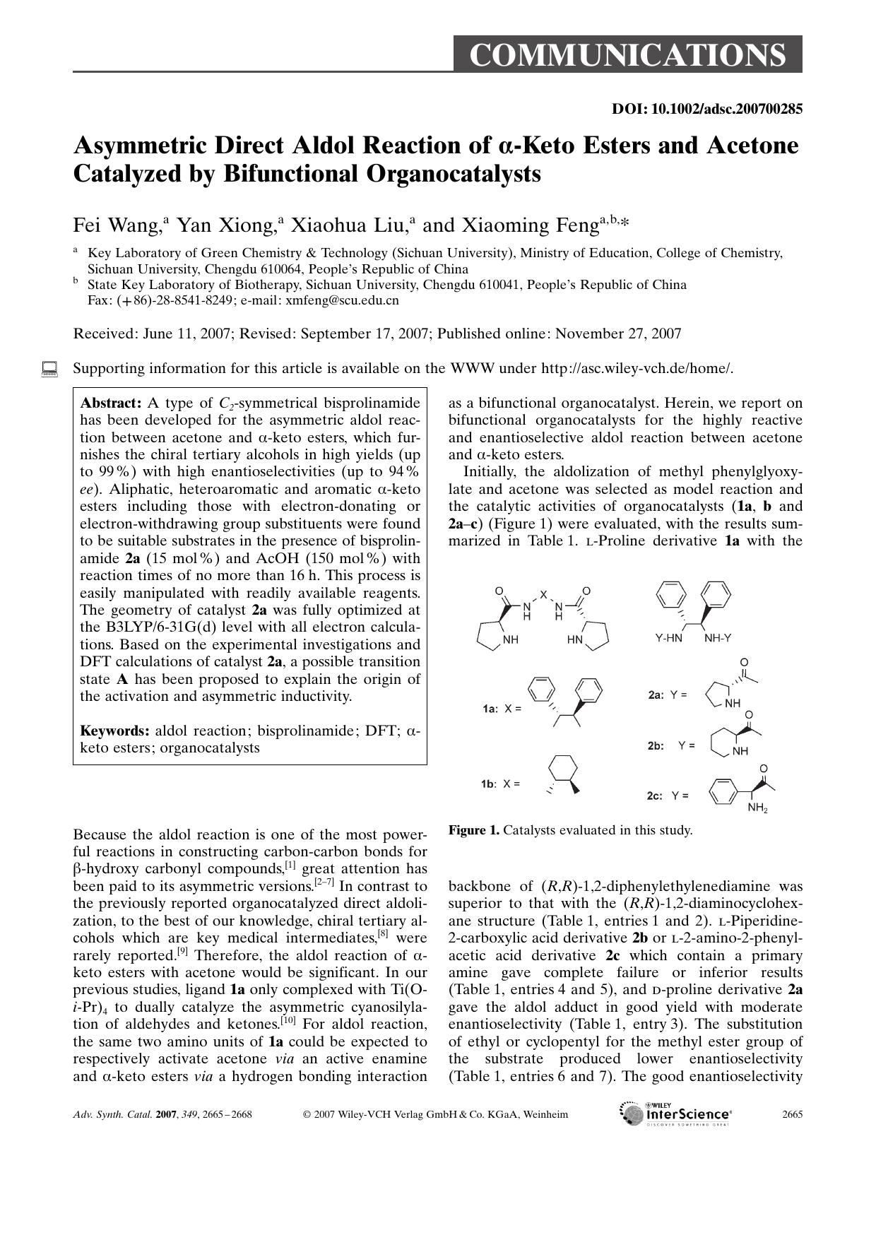 Asymmetric Direct Aldol Reaction of [alpha]-Keto Esters and Acetone Catalyzed by Bifunctional Organocatalysts by Unknown